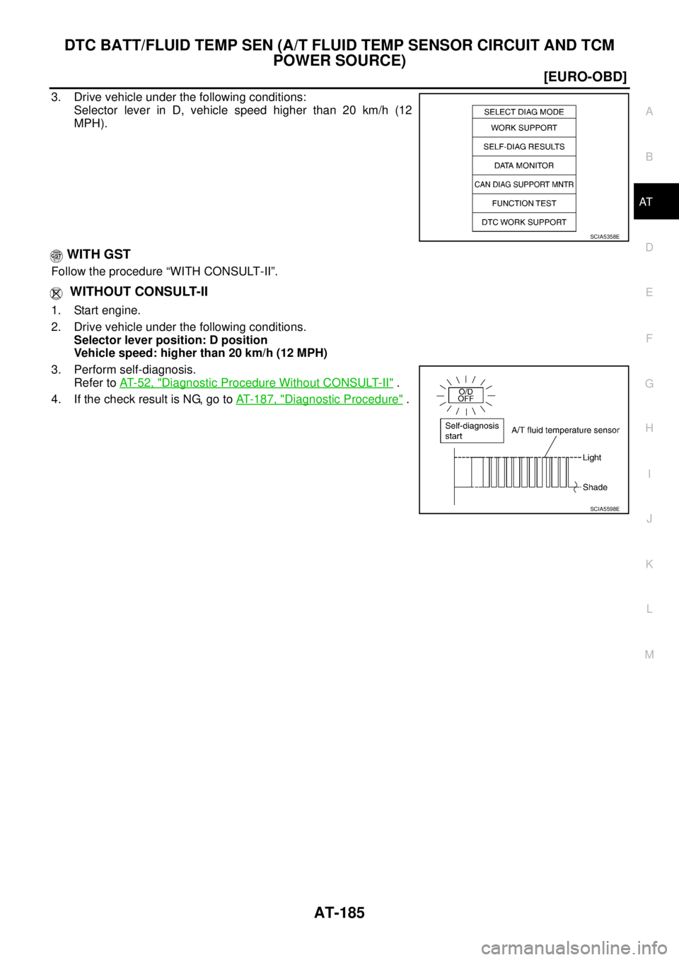 NISSAN X-TRAIL 2005  Service Repair Manual DTC BATT/FLUID TEMP SEN (A/T FLUID TEMP SENSOR CIRCUIT AND TCM 
POWER SOURCE)
AT-185
[EURO-OBD]
D
E
F
G
H
I
J
K
L
MA
B
AT
 
3. Drive vehicle under the following conditions:
Selector lever in D, vehicl