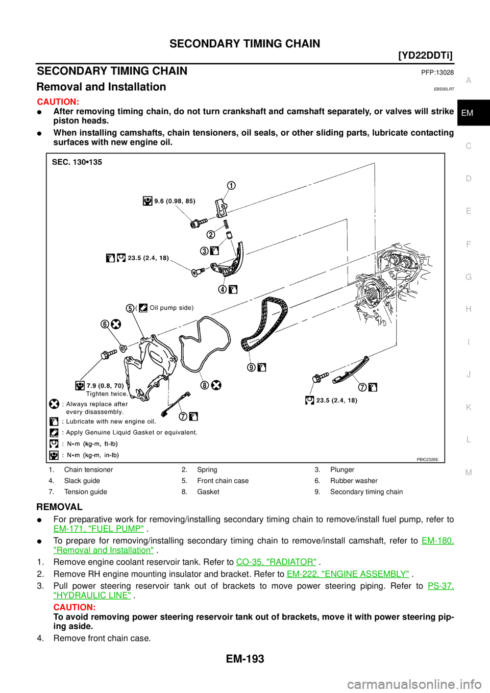 NISSAN X-TRAIL 2005  Service Repair Manual SECONDARY TIMING CHAIN
EM-193
[YD22DDTi]
C
D
E
F
G
H
I
J
K
L
MA
EM
 
SECONDARY TIMING CHAINPFP:13028
Removal and InstallationEBS00LRT
CAUTION:
After removing timing chain, do not turn crankshaft and 