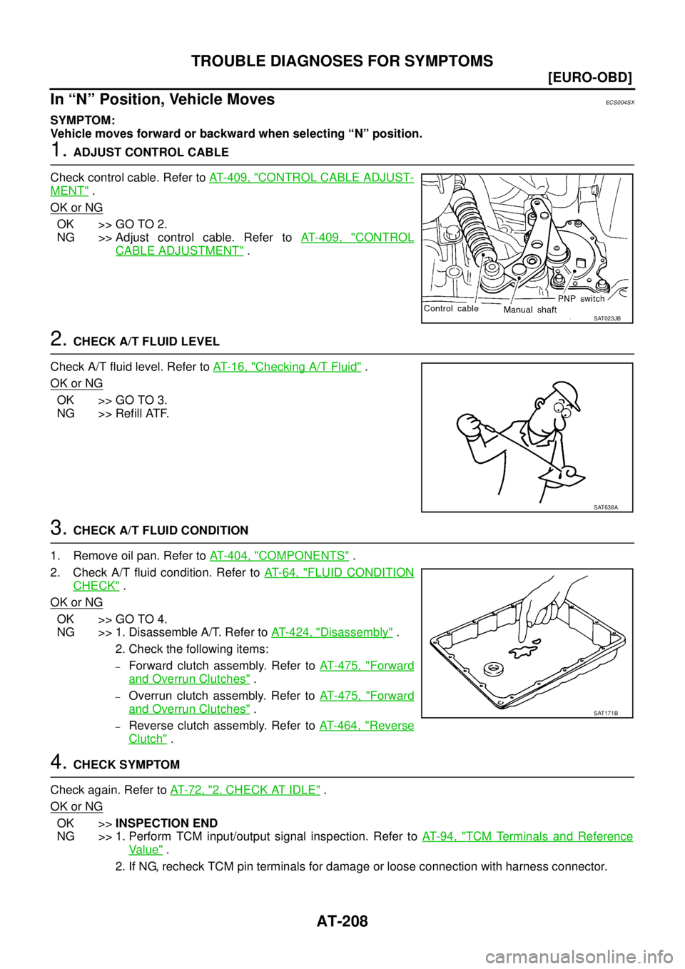 NISSAN X-TRAIL 2005  Service Repair Manual AT-208
[EURO-OBD]
TROUBLE DIAGNOSES FOR SYMPTOMS
 
In “N” Position, Vehicle MovesECS004SX
SYMPTOM:
Vehicle moves forward or backward when selecting “N” position.
1. ADJUST CONTROL CABLE
Check 