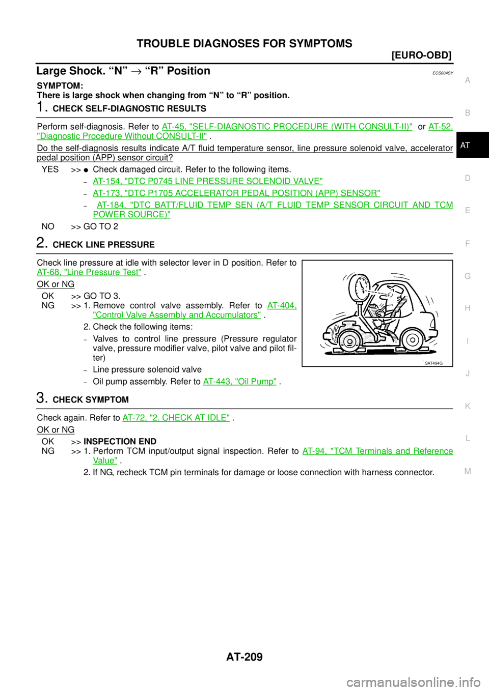 NISSAN X-TRAIL 2005  Service Repair Manual TROUBLE DIAGNOSES FOR SYMPTOMS
AT-209
[EURO-OBD]
D
E
F
G
H
I
J
K
L
MA
B
AT
 
Large Shock. “N” → “R” PositionECS004SY
SYMPTOM:
There is large shock when changing from “N” to “R” posit