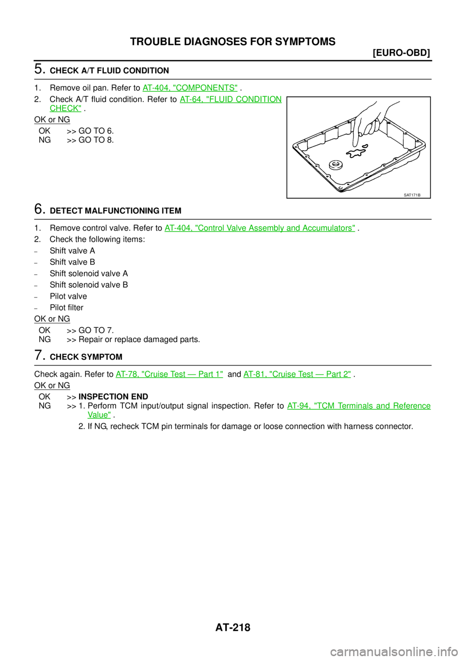 NISSAN X-TRAIL 2005  Service Repair Manual AT-218
[EURO-OBD]
TROUBLE DIAGNOSES FOR SYMPTOMS
 
5. CHECK A/T FLUID CONDITION
1. Remove oil pan. Refer to AT- 4 0 4 ,  "
COMPONENTS" .
2. Check A/T fluid condition. Refer to AT- 6 4 ,  "
FLUID CONDI