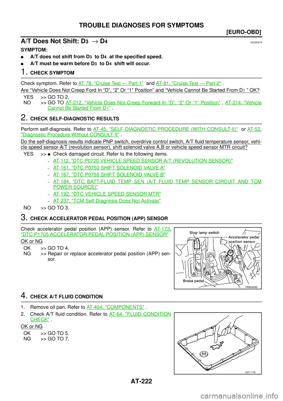 NISSAN X-TRAIL 2005  Service Repair Manual AT-222
[EURO-OBD]
TROUBLE DIAGNOSES FOR SYMPTOMS
 
A/T Does Not Shift: D3  → D4ECS004T4
SYMPTOM:
A/T does not shift from D3  to D4  at the specified speed.
A/T must be warm before D3  to D4  shift