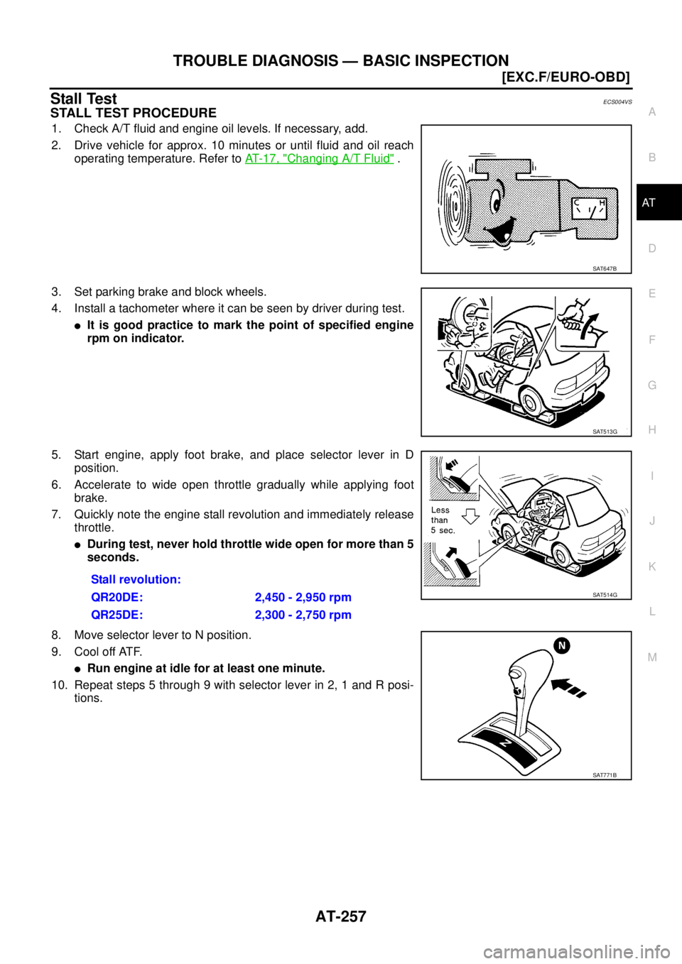 NISSAN X-TRAIL 2005  Service Repair Manual TROUBLE DIAGNOSIS — BASIC INSPECTION
AT-257
[EXC.F/EURO-OBD]
D
E
F
G
H
I
J
K
L
MA
B
AT
 
Stall TestECS004VS
STALL TEST PROCEDURE
1. Check A/T fluid and engine oil levels. If necessary, add.
2. Drive