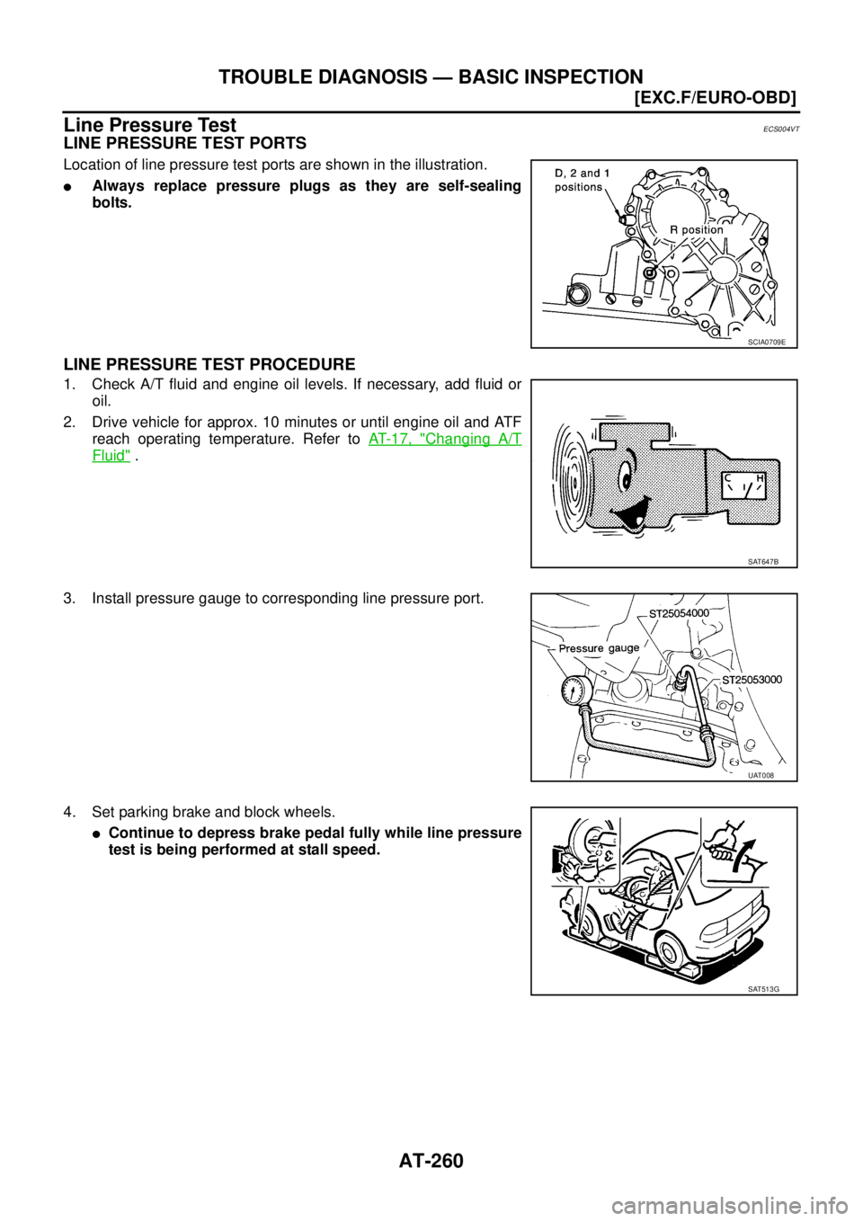 NISSAN X-TRAIL 2005  Service Repair Manual AT-260
[EXC.F/EURO-OBD]
TROUBLE DIAGNOSIS — BASIC INSPECTION
 
Line Pressure TestECS004VT
LINE PRESSURE TEST PORTS
Location of line pressure test ports are shown in the illustration.
Always replace