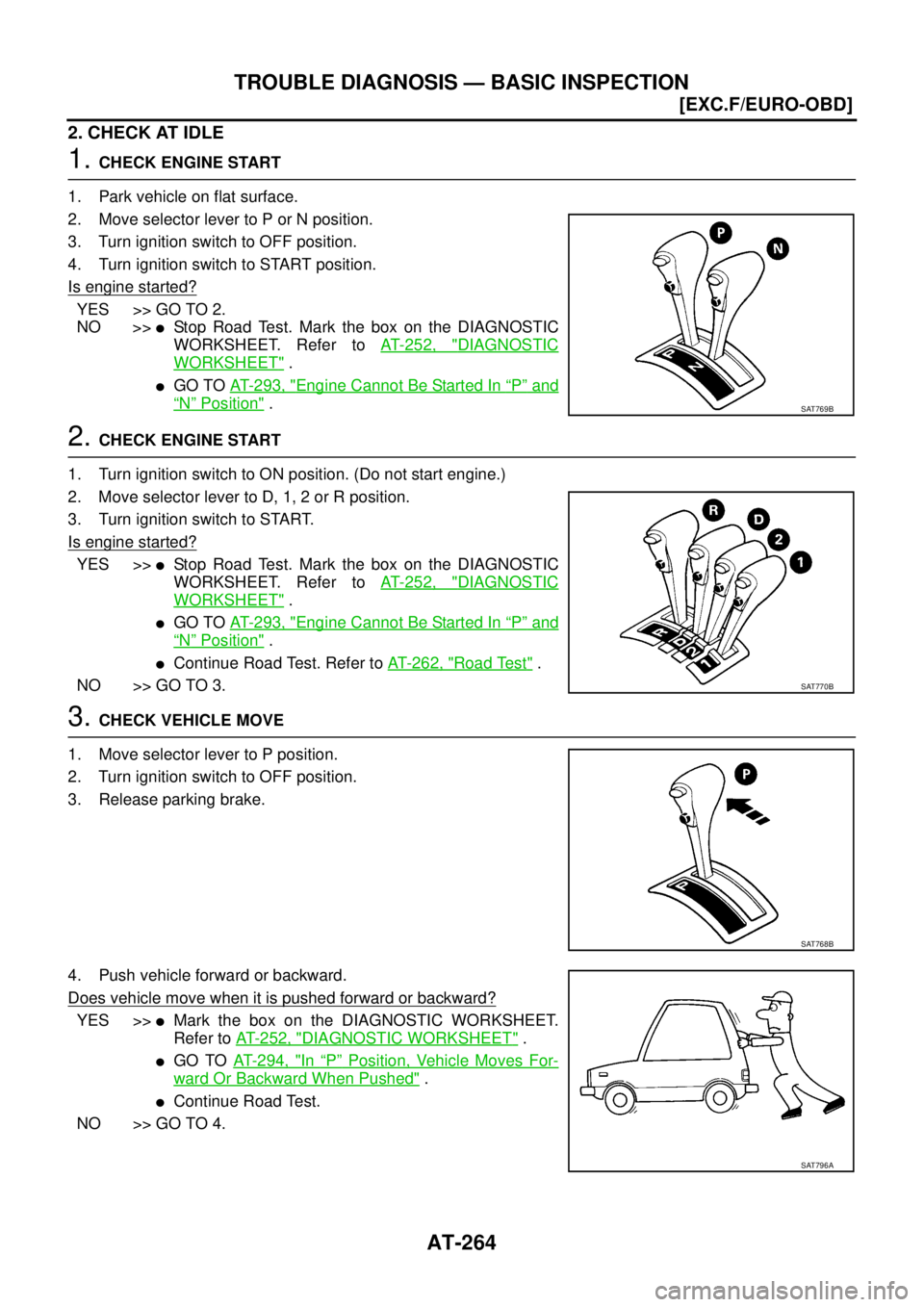 NISSAN X-TRAIL 2005  Service Repair Manual AT-264
[EXC.F/EURO-OBD]
TROUBLE DIAGNOSIS — BASIC INSPECTION
 
2. CHECK AT IDLE
1. CHECK ENGINE START
1. Park vehicle on flat surface.
2. Move selector lever to P or N position.
3. Turn ignition swi