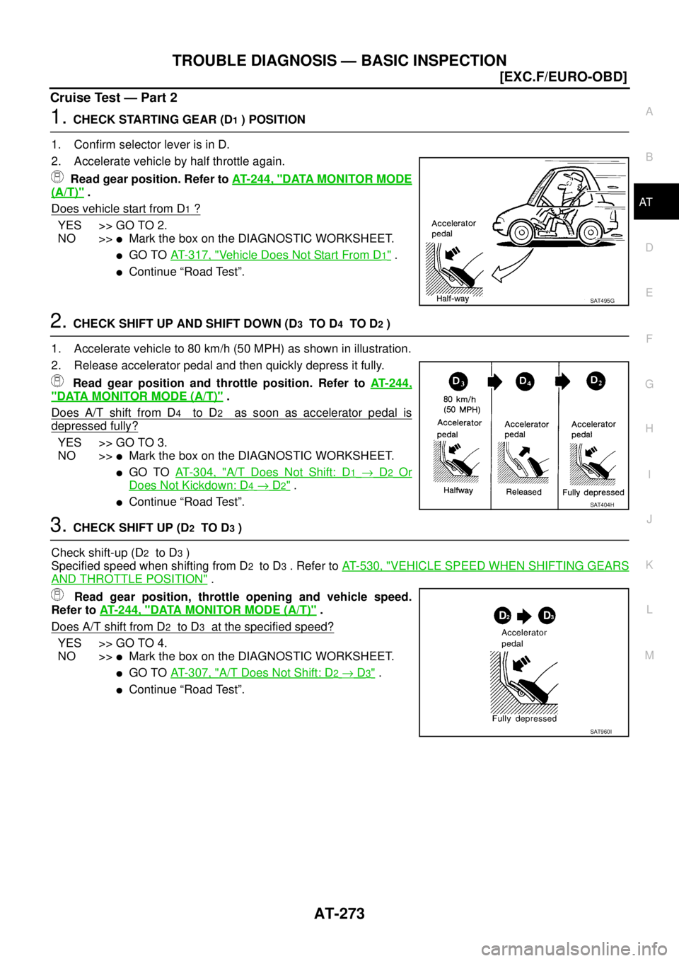 NISSAN X-TRAIL 2005  Service Repair Manual TROUBLE DIAGNOSIS — BASIC INSPECTION
AT-273
[EXC.F/EURO-OBD]
D
E
F
G
H
I
J
K
L
MA
B
AT
 
Cruise Test — Part 2
1. CHECK STARTING GEAR (D1 ) POSITION
1. Confirm selector lever is in D.
2. Accelerate