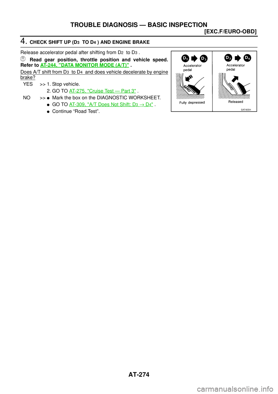 NISSAN X-TRAIL 2005  Service Repair Manual AT-274
[EXC.F/EURO-OBD]
TROUBLE DIAGNOSIS — BASIC INSPECTION
 
4. CHECK SHIFT UP (D3  TO D4 ) AND ENGINE BRAKE
Release accelerator pedal after shifting from D
2  to D3 .
 Read gear position, throttl