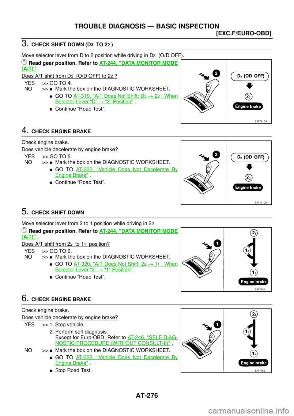 NISSAN X-TRAIL 2005  Service Repair Manual AT-276
[EXC.F/EURO-OBD]
TROUBLE DIAGNOSIS — BASIC INSPECTION
 
3. CHECK SHIFT DOWN (D3  TO 22 )
Move selector lever from D to 2 position while driving in D
3  (O/D OFF).
Read gear position. Refer to