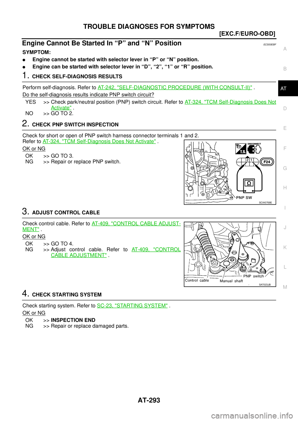 NISSAN X-TRAIL 2005  Service Repair Manual TROUBLE DIAGNOSES FOR SYMPTOMS
AT-293
[EXC.F/EURO-OBD]
D
E
F
G
H
I
J
K
L
MA
B
AT
 
Engine Cannot Be Started In “P” and “N” PositionECS00EBF
SYMPTOM:
Engine cannot be started with selector lev