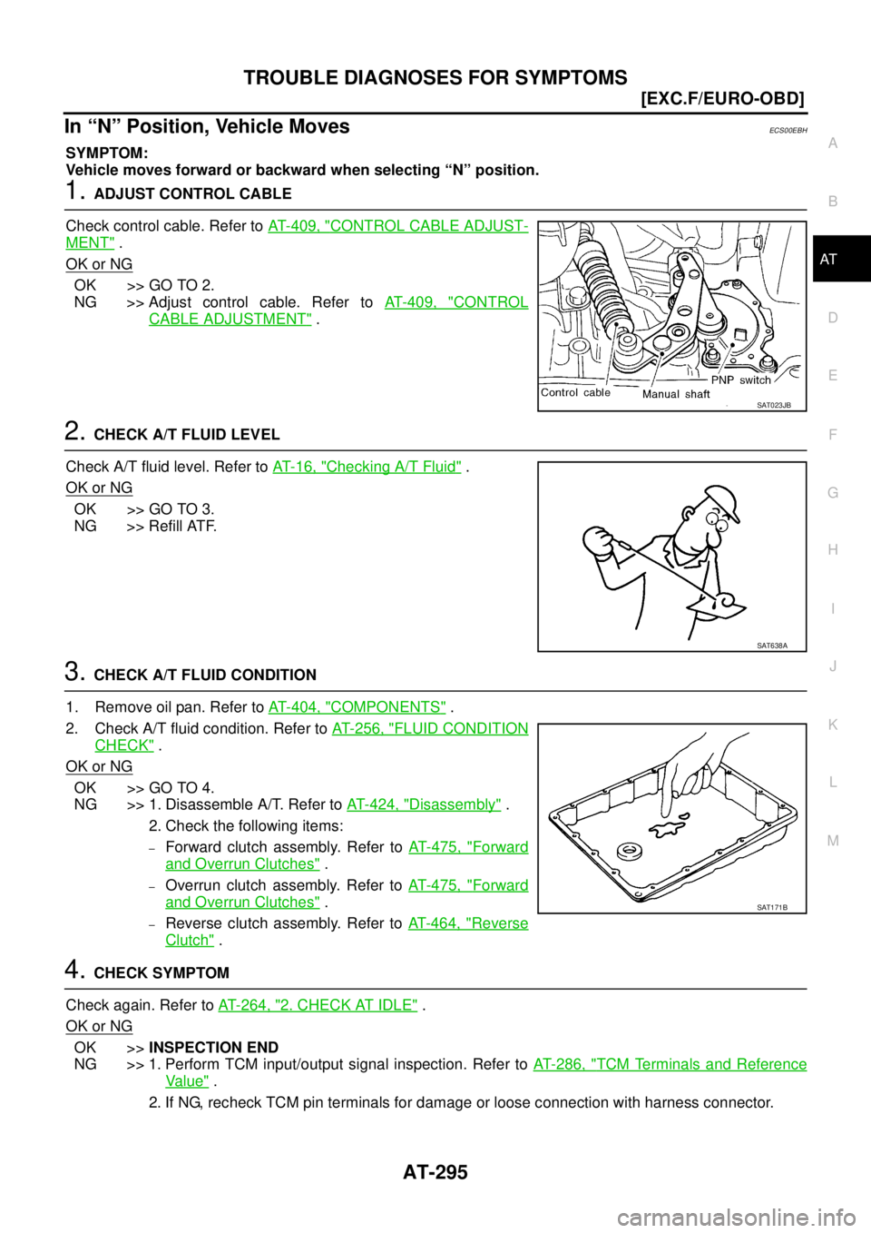NISSAN X-TRAIL 2005  Service Repair Manual TROUBLE DIAGNOSES FOR SYMPTOMS
AT-295
[EXC.F/EURO-OBD]
D
E
F
G
H
I
J
K
L
MA
B
AT
 
In “N” Position, Vehicle MovesECS00EBH
SYMPTOM:
Vehicle moves forward or backward when selecting “N” position