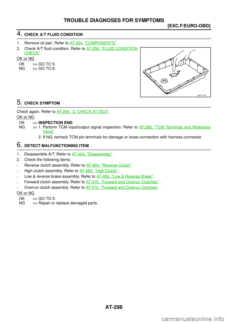 NISSAN X-TRAIL 2005  Service Repair Manual AT-298
[EXC.F/EURO-OBD]
TROUBLE DIAGNOSES FOR SYMPTOMS
 
4. CHECK A/T FLUID CONDITION
1. Remove oil pan. Refer to AT- 4 0 4 ,  "
COMPONENTS" .
2. Check A/T fluid condition. Refer to AT- 2 5 6 ,  "
FLU