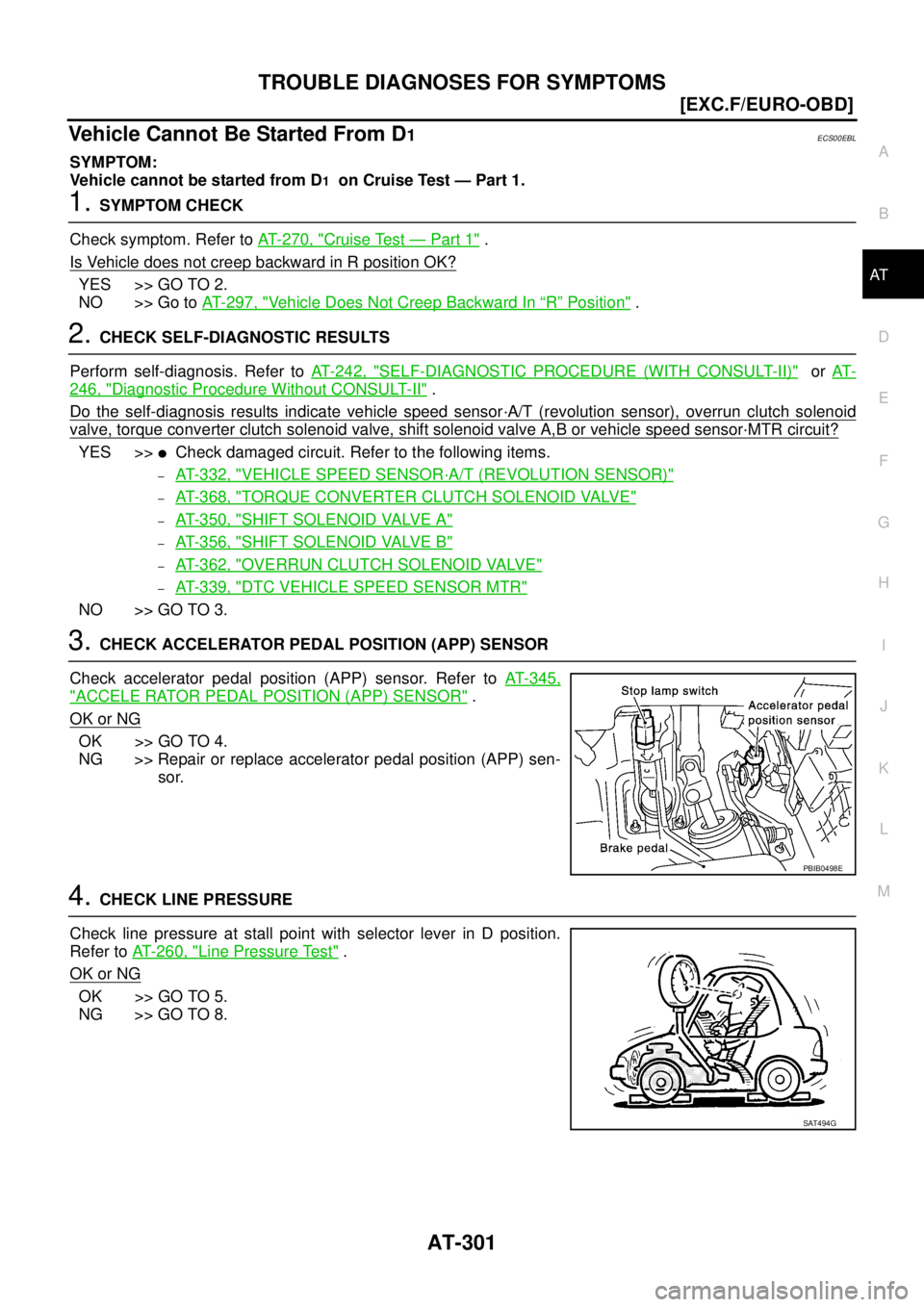 NISSAN X-TRAIL 2005  Service Repair Manual TROUBLE DIAGNOSES FOR SYMPTOMS
AT-301
[EXC.F/EURO-OBD]
D
E
F
G
H
I
J
K
L
MA
B
AT
 
Vehicle Cannot Be Started From D1ECS00EBL
SYMPTOM:
Vehicle cannot be started from D
1  on Cruise Test — Part 1.
1. 