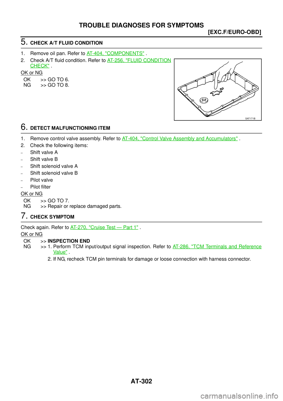 NISSAN X-TRAIL 2005  Service Repair Manual AT-302
[EXC.F/EURO-OBD]
TROUBLE DIAGNOSES FOR SYMPTOMS
 
5. CHECK A/T FLUID CONDITION
1. Remove oil pan. Refer to AT- 4 0 4 ,  "
COMPONENTS" .
2. Check A/T fluid condition. Refer to AT- 2 5 6 ,  "
FLU