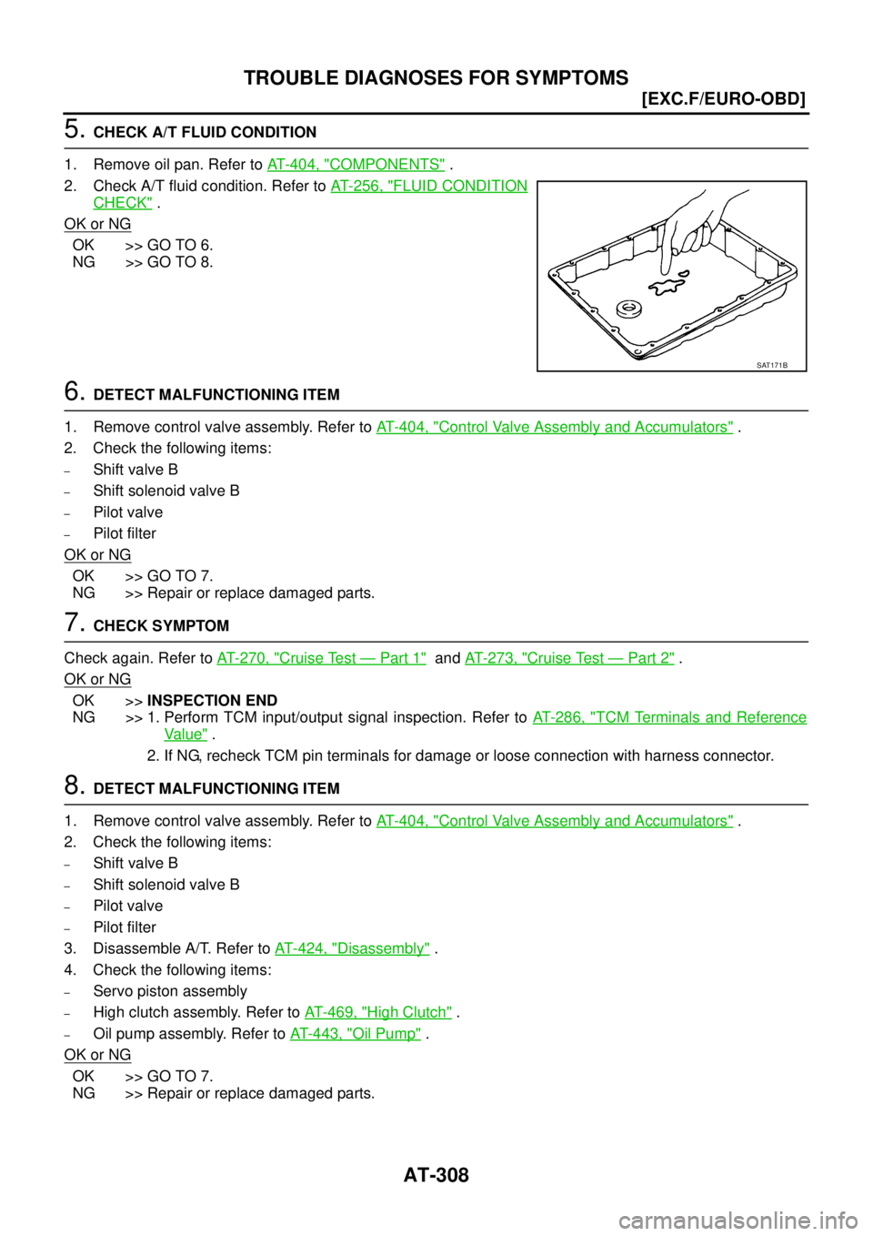 NISSAN X-TRAIL 2005  Service Repair Manual AT-308
[EXC.F/EURO-OBD]
TROUBLE DIAGNOSES FOR SYMPTOMS
 
5. CHECK A/T FLUID CONDITION
1. Remove oil pan. Refer to AT- 4 0 4 ,  "
COMPONENTS" .
2. Check A/T fluid condition. Refer to AT- 2 5 6 ,  "
FLU