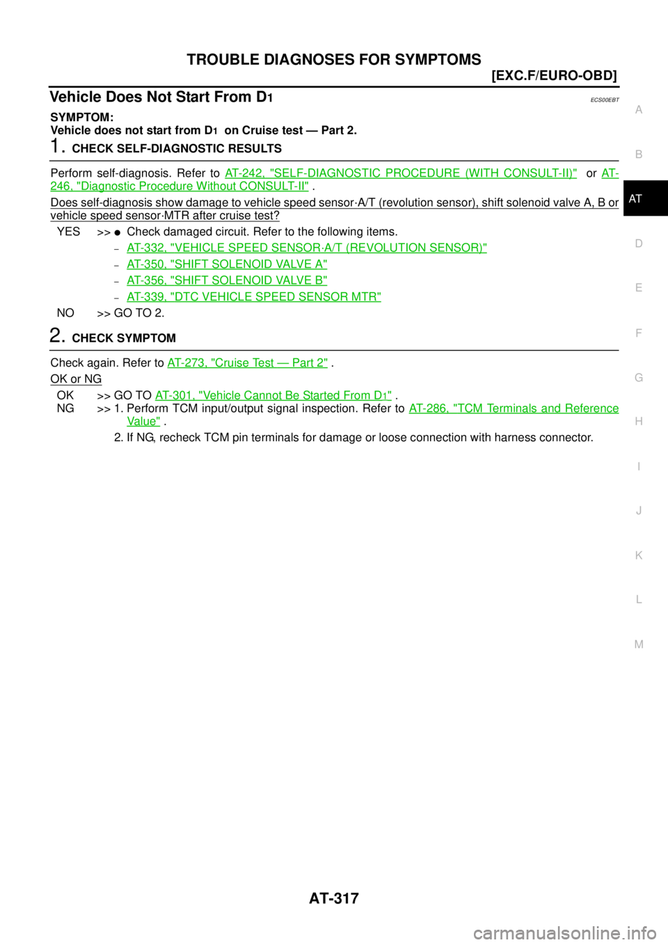 NISSAN X-TRAIL 2005  Service Repair Manual TROUBLE DIAGNOSES FOR SYMPTOMS
AT-317
[EXC.F/EURO-OBD]
D
E
F
G
H
I
J
K
L
MA
B
AT
 
Vehicle Does Not Start From D1ECS00EBT
SYMPTOM:
Vehicle does not start from D
1  on Cruise test — Part 2.
1. CHECK 