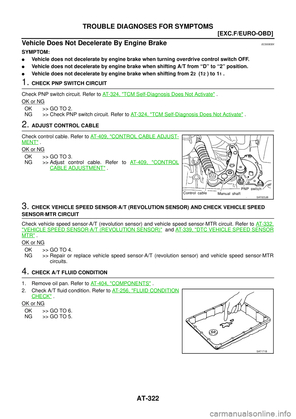 NISSAN X-TRAIL 2005  Service Repair Manual AT-322
[EXC.F/EURO-OBD]
TROUBLE DIAGNOSES FOR SYMPTOMS
 
Vehicle Does Not Decelerate By Engine BrakeECS00EBX
SYMPTOM:
Vehicle does not decelerate by engine brake when turning overdrive control switch
