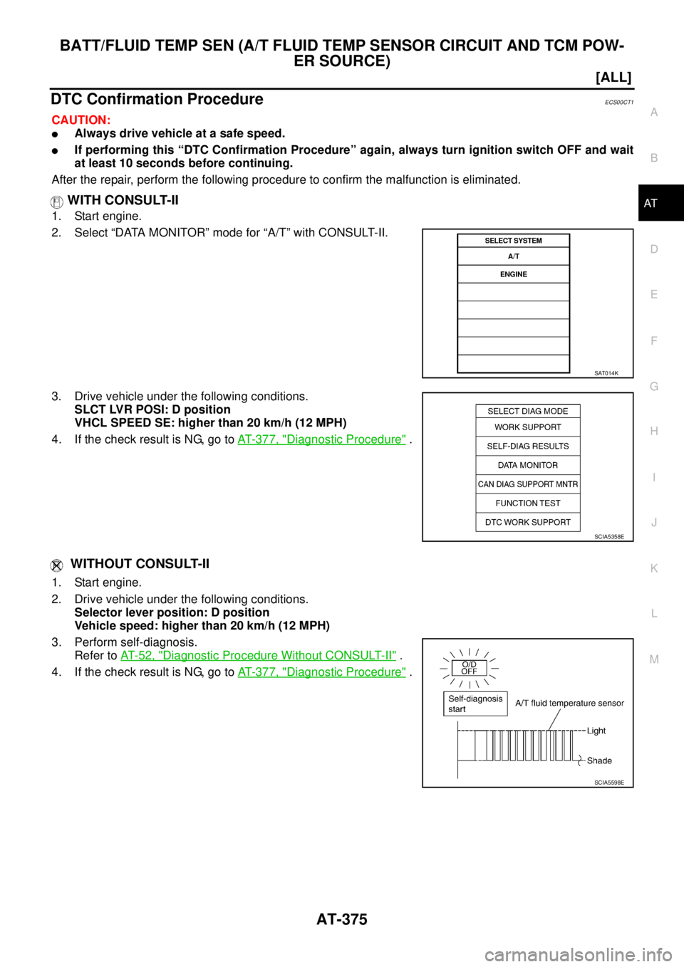 NISSAN X-TRAIL 2005  Service Repair Manual BATT/FLUID TEMP SEN (A/T FLUID TEMP SENSOR CIRCUIT AND TCM POW-
ER SOURCE)
AT-375
[ALL]
D
E
F
G
H
I
J
K
L
MA
B
AT
 
DTC Confirmation ProcedureECS00CT1
CAUTION:
Always drive vehicle at a safe speed.
