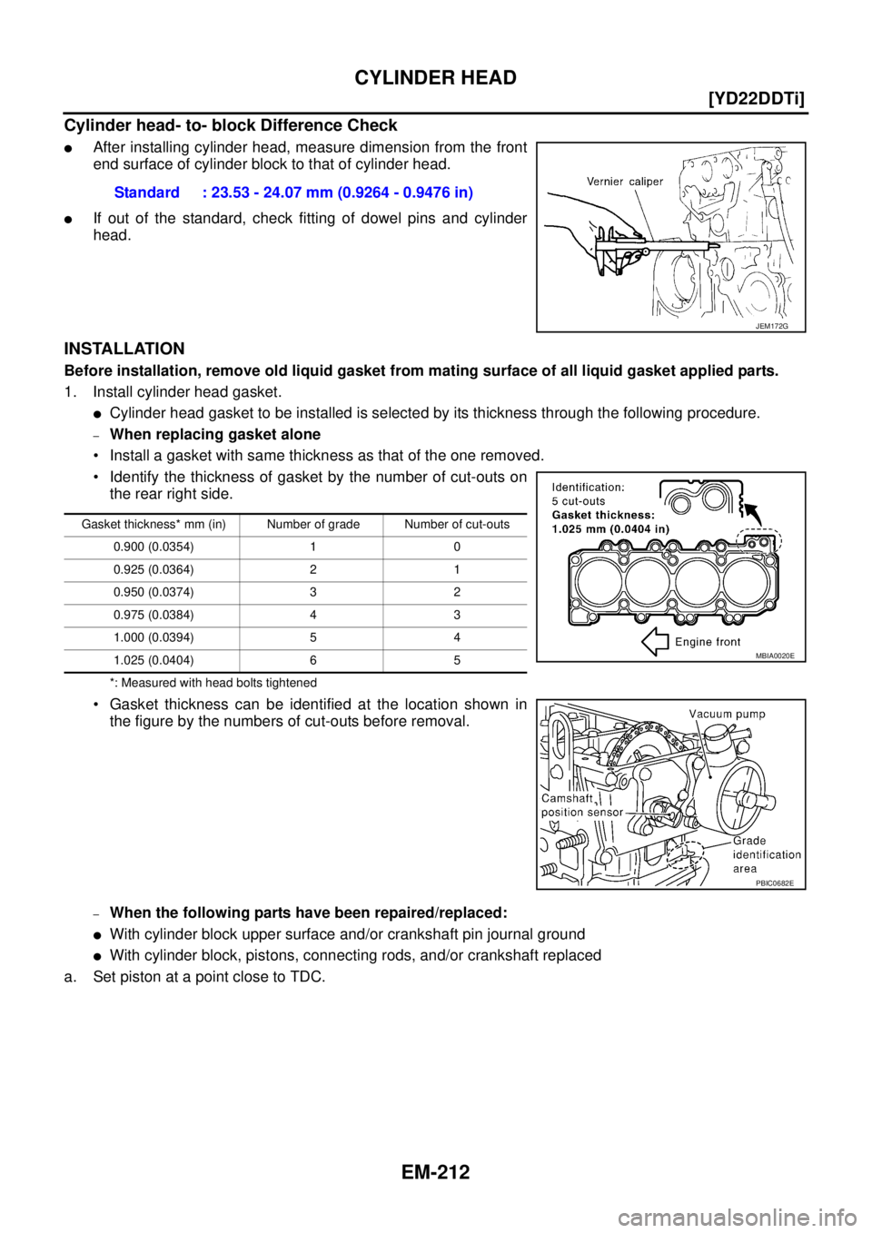 NISSAN X-TRAIL 2005  Service Repair Manual EM-212
[YD22DDTi]
CYLINDER HEAD
 
Cylinder head- to- block Difference Check 
After installing cylinder head, measure dimension from the front
end surface of cylinder block to that of cylinder head.
