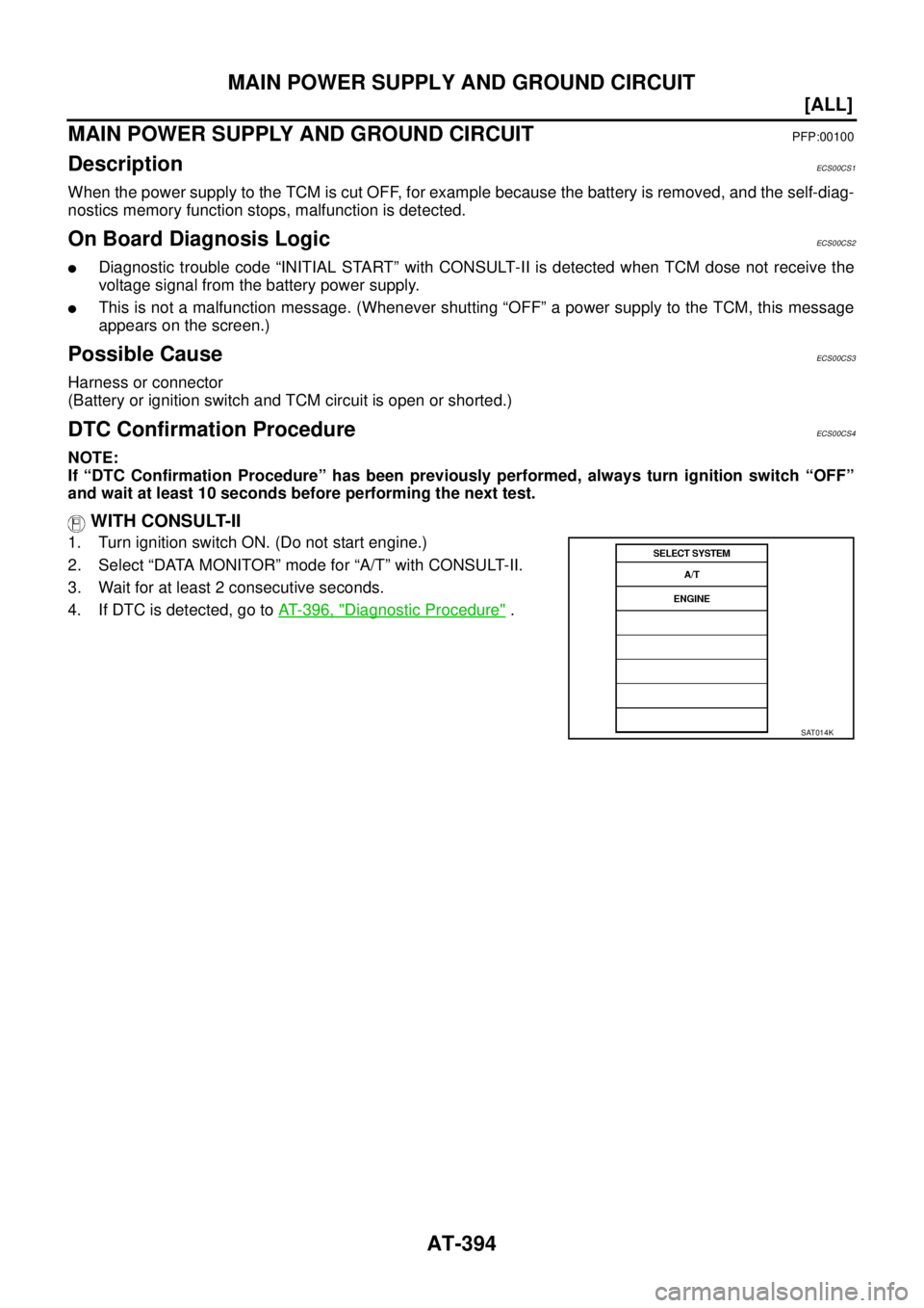NISSAN X-TRAIL 2005  Service Repair Manual AT-394
[ALL]
MAIN POWER SUPPLY AND GROUND CIRCUIT
 
MAIN POWER SUPPLY AND GROUND CIRCUITPFP:00100
DescriptionECS00CS1
When the power supply to the TCM is cut OFF, for example because the battery is re