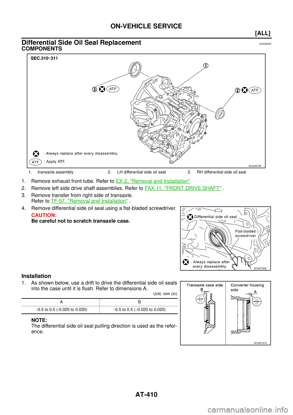 NISSAN X-TRAIL 2005  Service Repair Manual AT-410
[ALL]
ON-VEHICLE SERVICE
 
Differential Side Oil Seal ReplacementECS0040F
COMPONENTS
1. Remove exhaust front tube. Refer to EX-2, "Removal and Installation"
2. Remove left side drive shaft asse