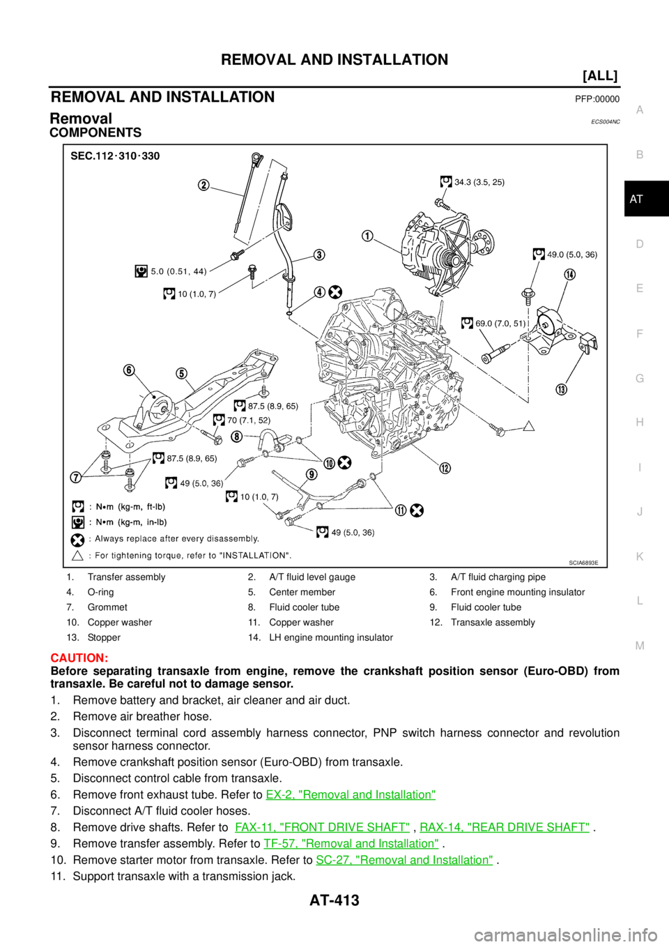 NISSAN X-TRAIL 2005  Service Repair Manual REMOVAL AND INSTALLATION
AT-413
[ALL]
D
E
F
G
H
I
J
K
L
MA
B
AT
 
REMOVAL AND INSTALLATIONPFP:00000
RemovalECS004NC
COMPONENTS
CAUTION:
Before separating transaxle from engine, remove the crankshaft p