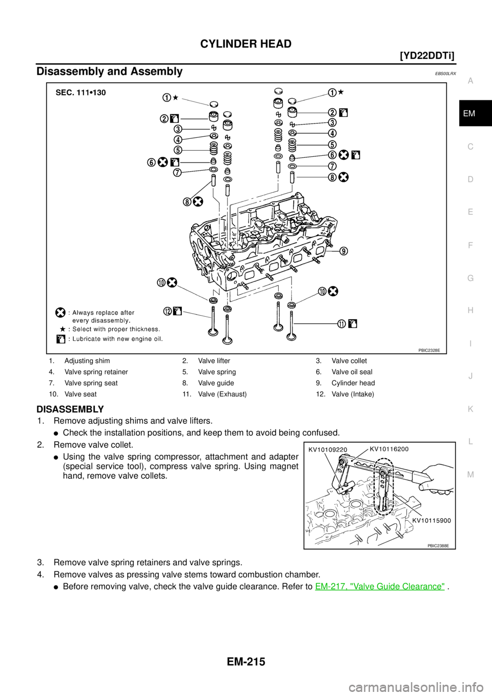 NISSAN X-TRAIL 2005  Service Repair Manual CYLINDER HEAD
EM-215
[YD22DDTi]
C
D
E
F
G
H
I
J
K
L
MA
EM
 
Disassembly and AssemblyEBS00LRX
DISASSEMBLY
1. Remove adjusting shims and valve lifters.
Check the installation positions, and keep them t