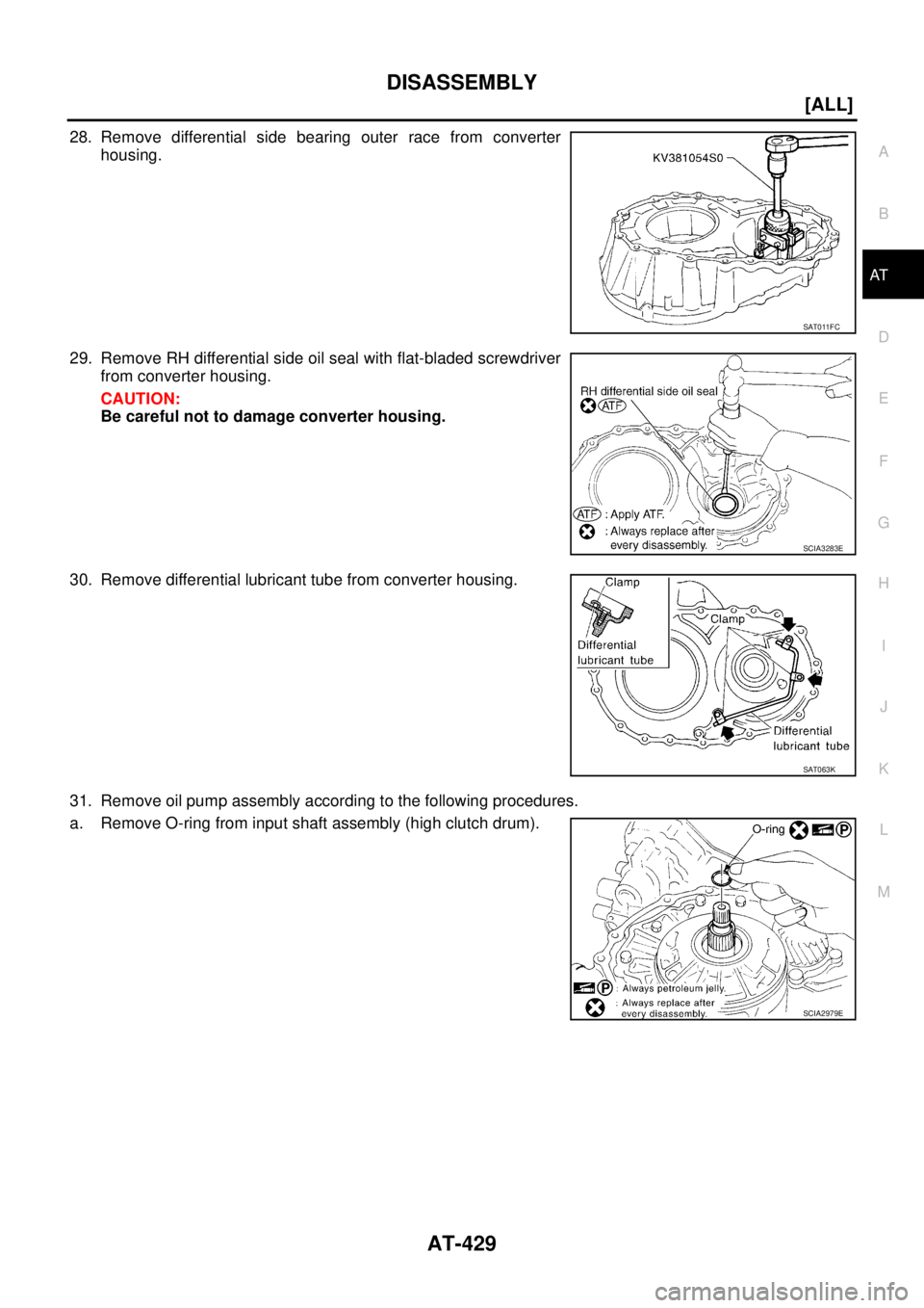 NISSAN X-TRAIL 2005  Service Repair Manual DISASSEMBLY
AT-429
[ALL]
D
E
F
G
H
I
J
K
L
MA
B
AT
 
28. Remove differential side bearing outer race from converter
housing.
29. Remove RH differential side oil seal with flat-bladed screwdriver
from 