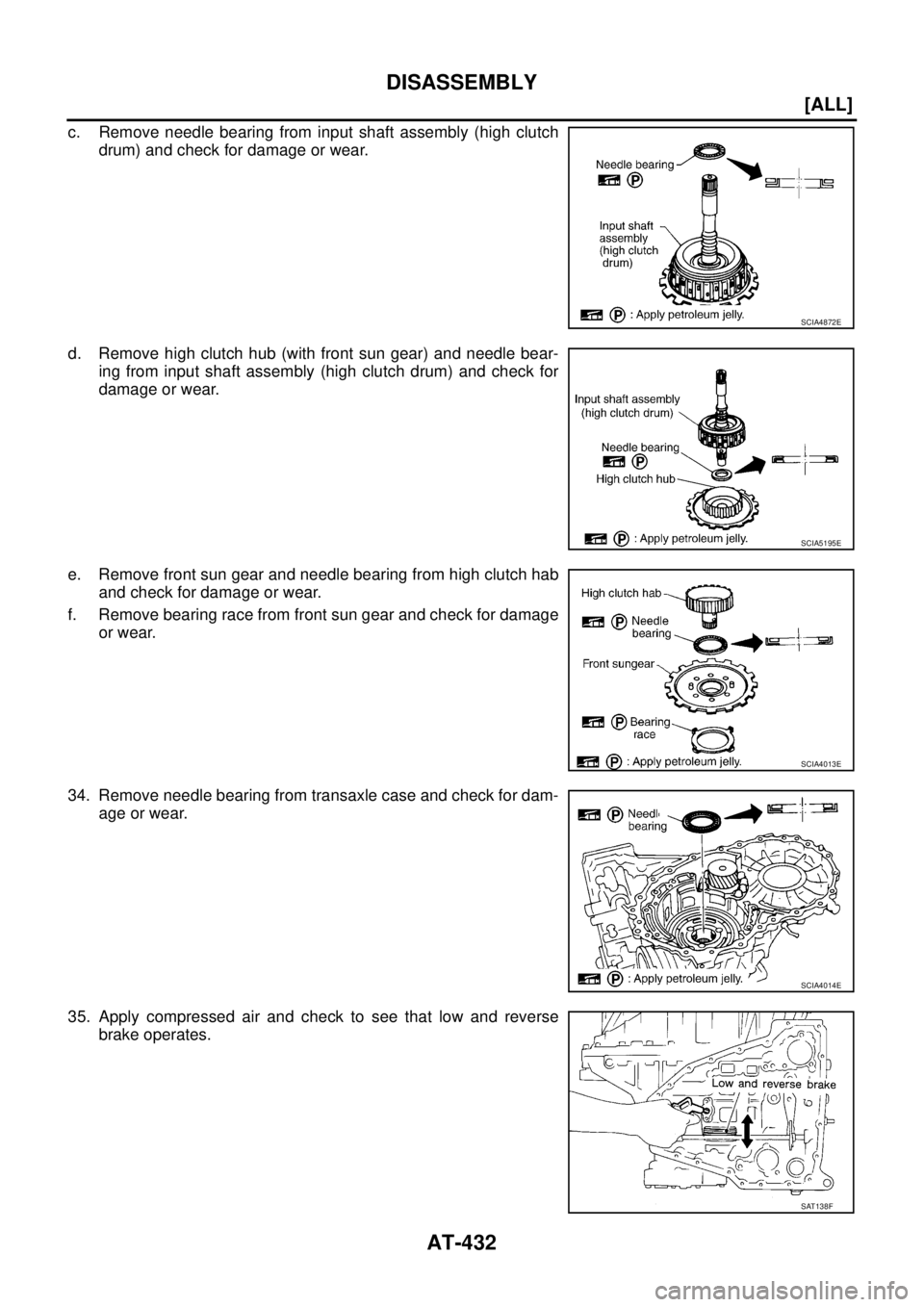 NISSAN X-TRAIL 2005  Service Repair Manual AT-432
[ALL]
DISASSEMBLY
 
c. Remove needle bearing from input shaft assembly (high clutch
drum) and check for damage or wear.
d. Remove high clutch hub (with front sun gear) and needle bear-
ing from