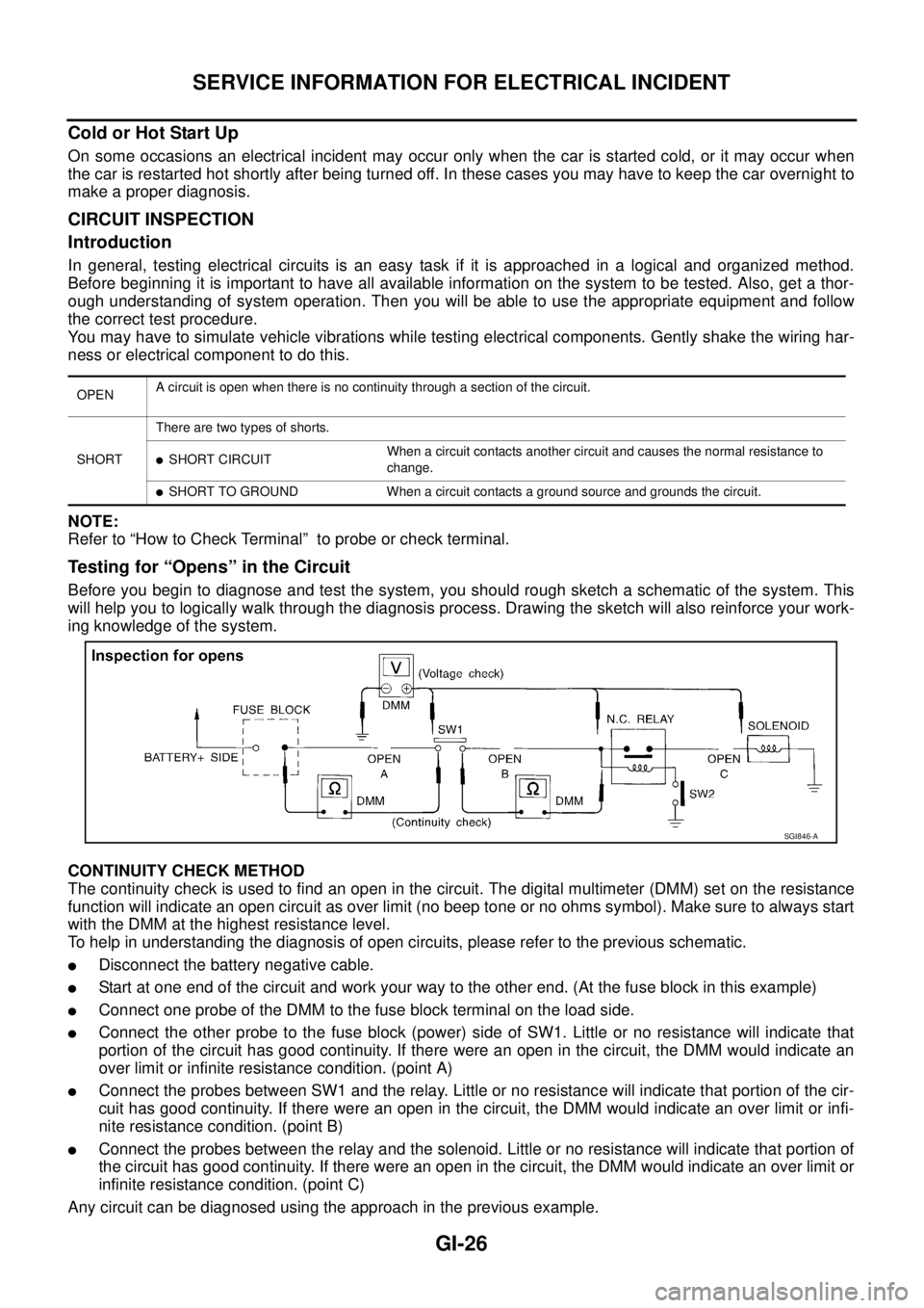 NISSAN X-TRAIL 2005  Service Owners Manual GI-26
SERVICE INFORMATION FOR ELECTRICAL INCIDENT
 
Cold or Hot Start Up 
On some occasions an electrical incident may occur only when the car is started cold, or it may occur when
the car is restarte