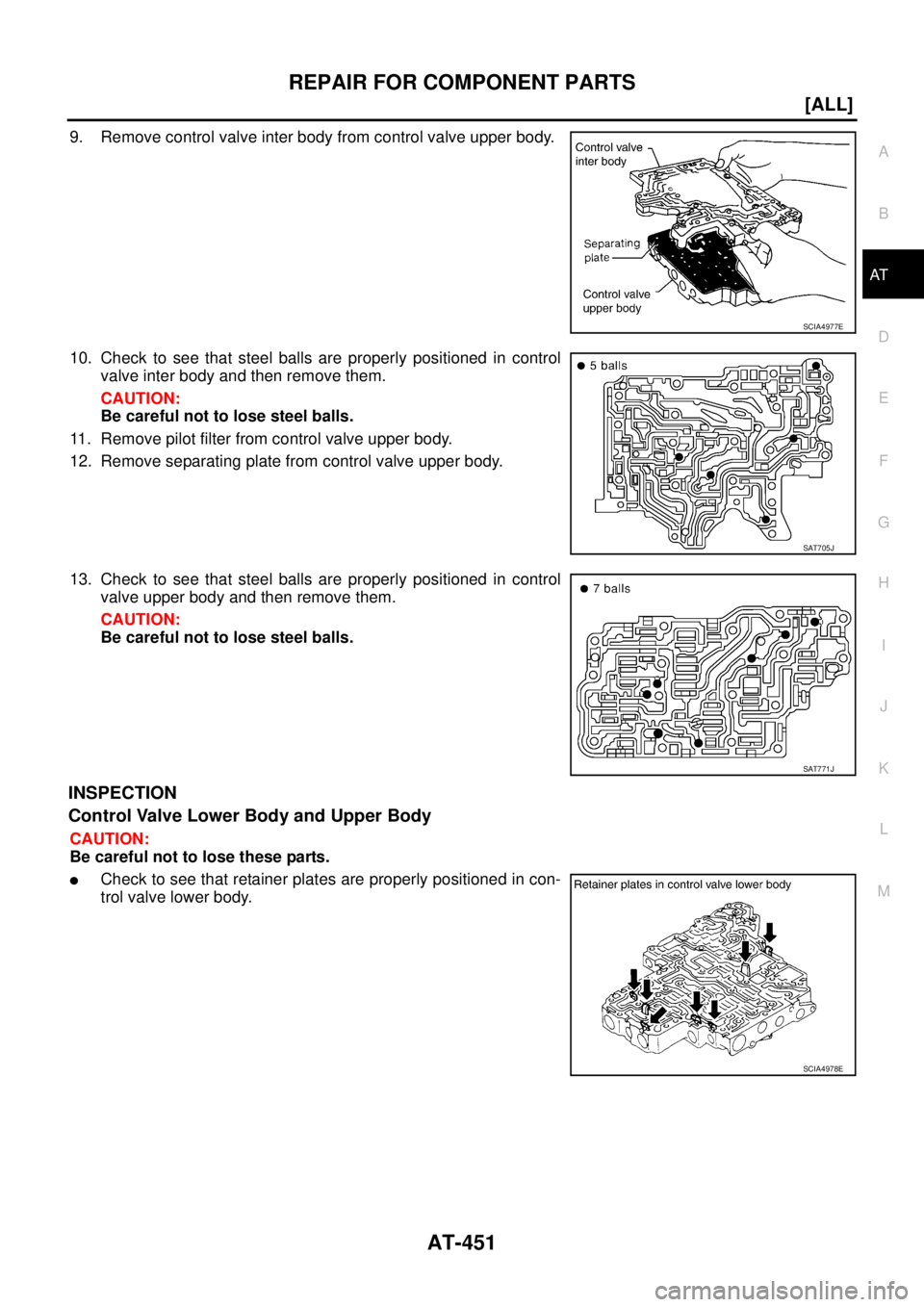 NISSAN X-TRAIL 2005  Service Repair Manual REPAIR FOR COMPONENT PARTS
AT-451
[ALL]
D
E
F
G
H
I
J
K
L
MA
B
AT
 
9. Remove control valve inter body from control valve upper body.
10. Check to see that steel balls are properly positioned in contr