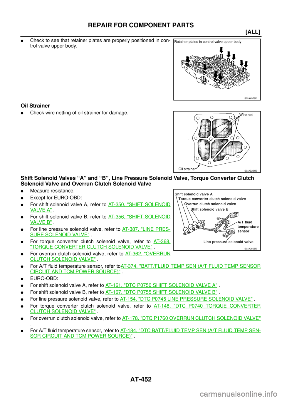 NISSAN X-TRAIL 2005  Service Repair Manual AT-452
[ALL]
REPAIR FOR COMPONENT PARTS
 
Check to see that retainer plates are properly positioned in con-
trol valve upper body.
Oil Strainer
Check wire netting of oil strainer for damage.
Shift S