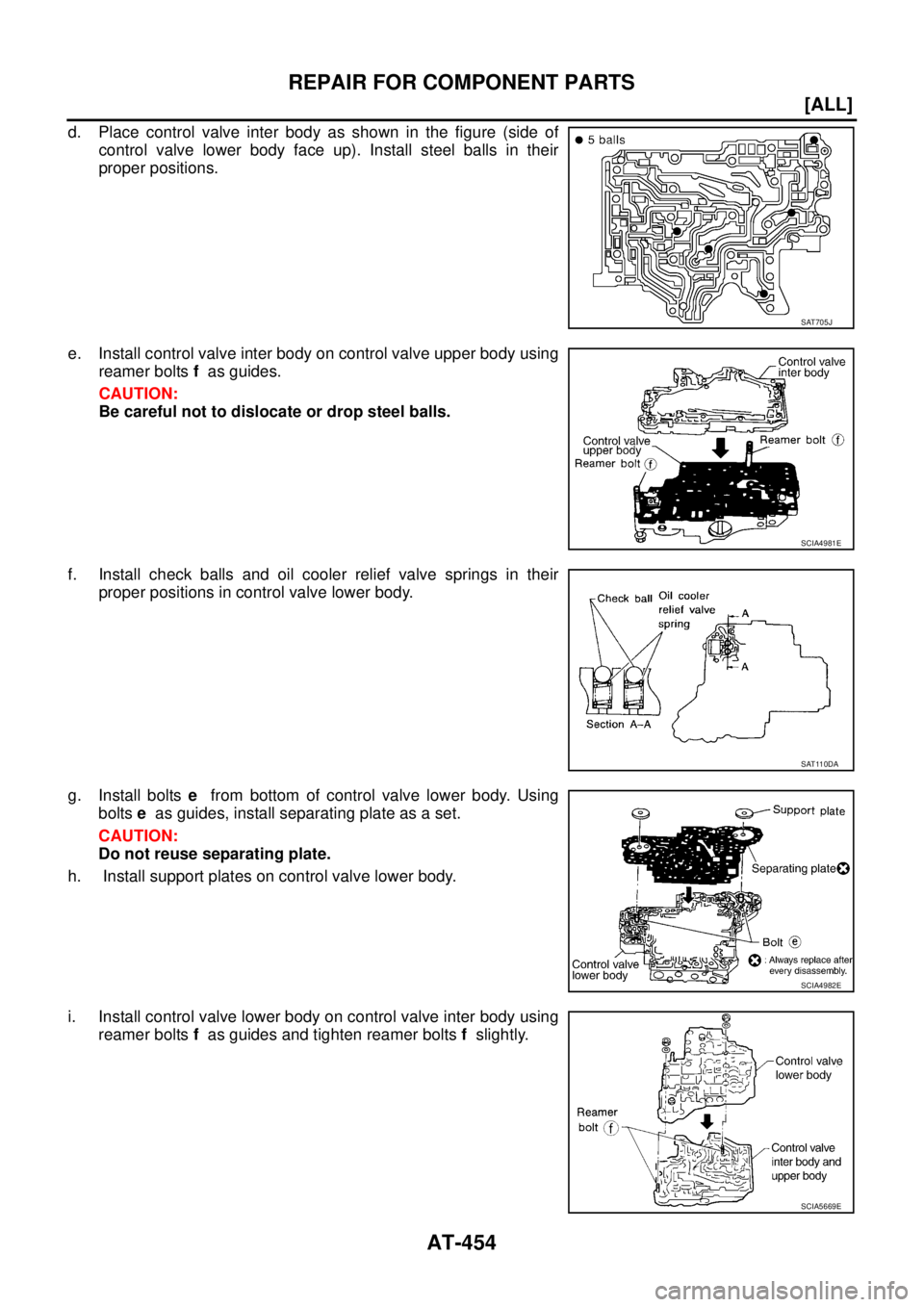 NISSAN X-TRAIL 2005  Service Repair Manual AT-454
[ALL]
REPAIR FOR COMPONENT PARTS
 
d. Place control valve inter body as shown in the figure (side of
control valve lower body face up). Install steel balls in their
proper positions.
e. Install
