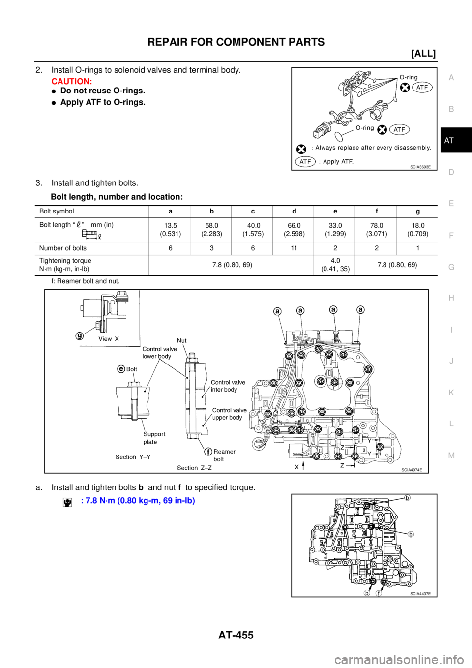 NISSAN X-TRAIL 2005  Service Repair Manual REPAIR FOR COMPONENT PARTS
AT-455
[ALL]
D
E
F
G
H
I
J
K
L
MA
B
AT
 
2. Install O-rings to solenoid valves and terminal body.
CAUTION:
Do not reuse O-rings.
Apply ATF to O-rings.
3. Install and tight