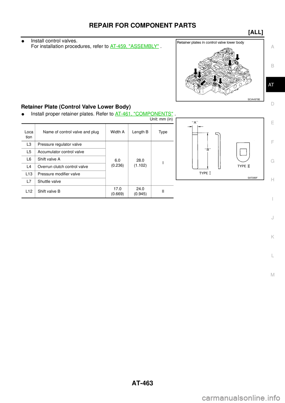 NISSAN X-TRAIL 2005  Service Repair Manual REPAIR FOR COMPONENT PARTS
AT-463
[ALL]
D
E
F
G
H
I
J
K
L
MA
B
AT
 
Install control valves.
For installation procedures, refer to AT- 4 5 9 ,  "
ASSEMBLY" .
Retainer Plate (Control Valve Lower Body)
