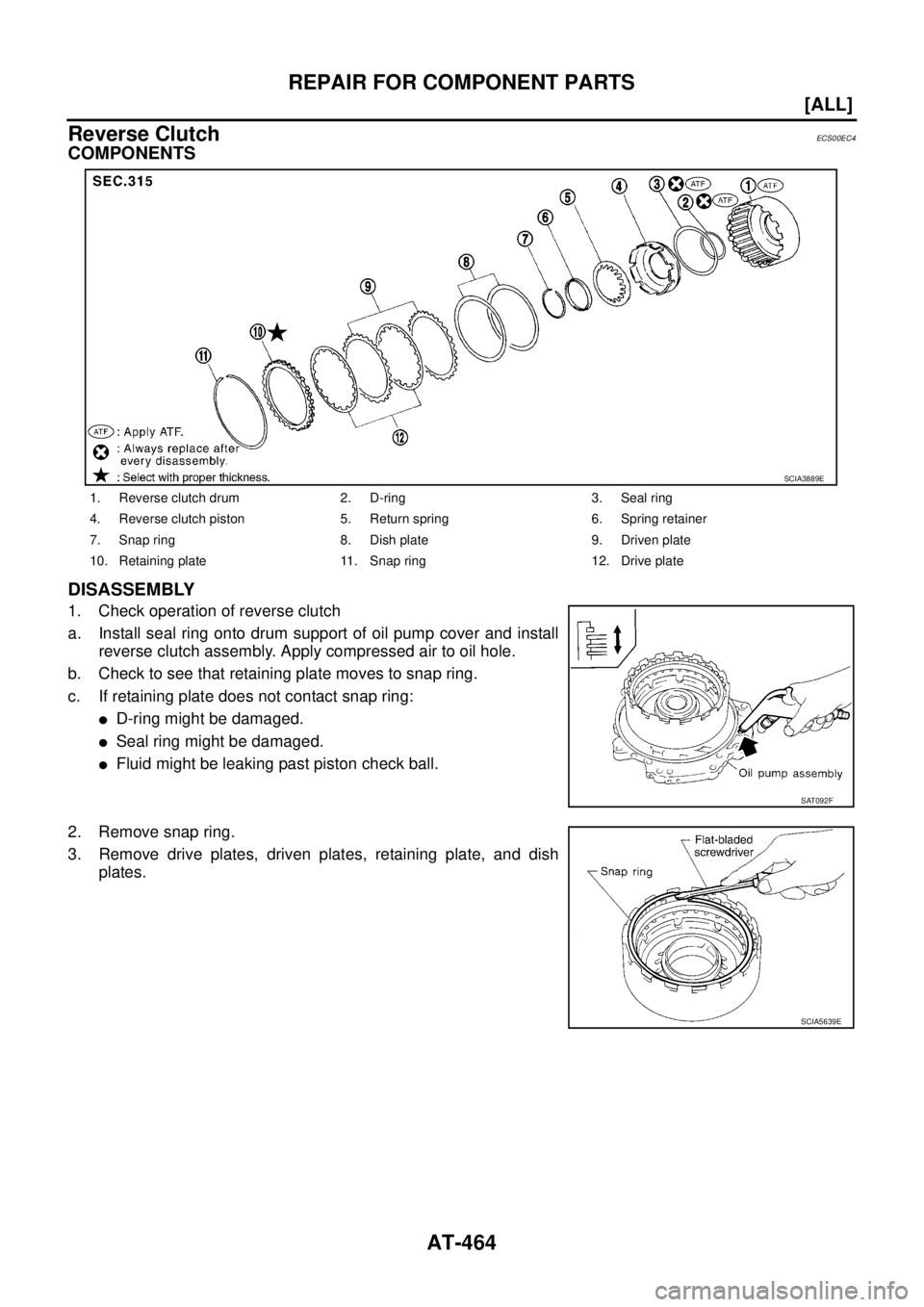 NISSAN X-TRAIL 2005  Service Repair Manual AT-464
[ALL]
REPAIR FOR COMPONENT PARTS
 
Reverse ClutchECS00EC4
COMPONENTS
DISASSEMBLY
1. Check operation of reverse clutch
a. Install seal ring onto drum support of oil pump cover and install
revers