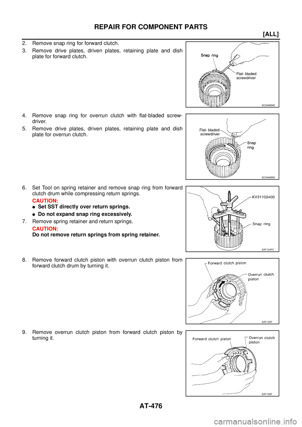 NISSAN X-TRAIL 2005  Service Repair Manual AT-476
[ALL]
REPAIR FOR COMPONENT PARTS
 
2. Remove snap ring for forward clutch.
3. Remove drive plates, driven plates, retaining plate and dish
plate for forward clutch.
4. Remove snap ring for over