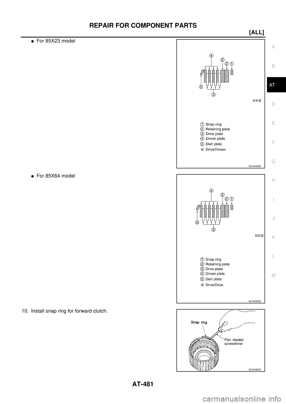 NISSAN X-TRAIL 2005  Service Repair Manual REPAIR FOR COMPONENT PARTS
AT-481
[ALL]
D
E
F
G
H
I
J
K
L
MA
B
AT
 
For 85X23 model
For 85X64 model
10. Install snap ring for forward clutch.
SCIA4496E
SCIA4065E
SCIA4894E 
