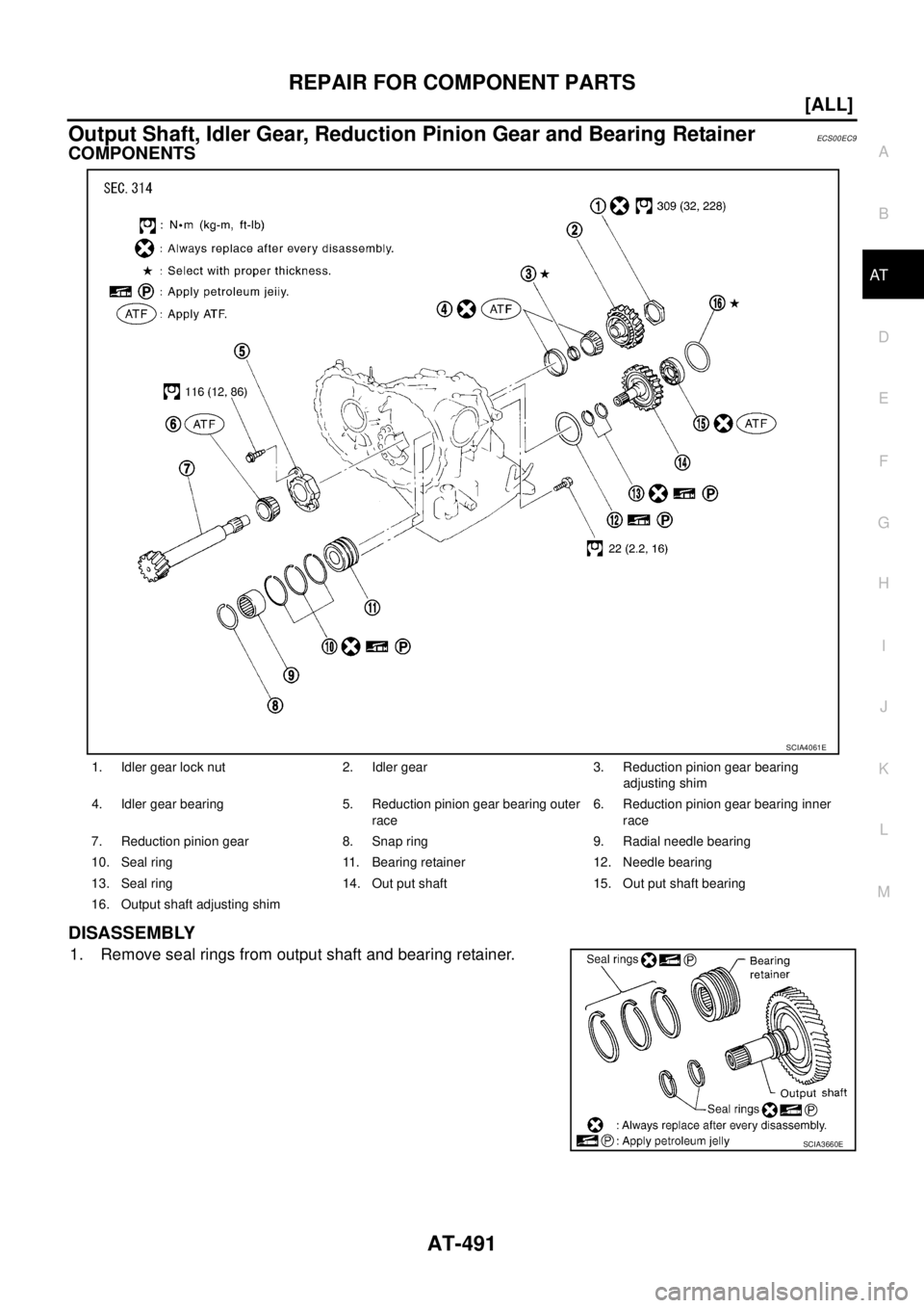 NISSAN X-TRAIL 2005  Service Repair Manual REPAIR FOR COMPONENT PARTS
AT-491
[ALL]
D
E
F
G
H
I
J
K
L
MA
B
AT
 
Output Shaft, Idler Gear, Reduction Pinion Gear and Bearing RetainerECS00EC9
COMPONENTS
DISASSEMBLY
1. Remove seal rings from output