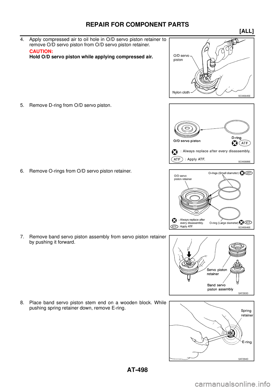 NISSAN X-TRAIL 2005  Service Repair Manual AT-498
[ALL]
REPAIR FOR COMPONENT PARTS
 
4. Apply compressed air to oil hole in O/D servo piston retainer to
remove O/D servo piston from O/D servo piston retainer.
CAUTION:
Hold O/D servo piston whi