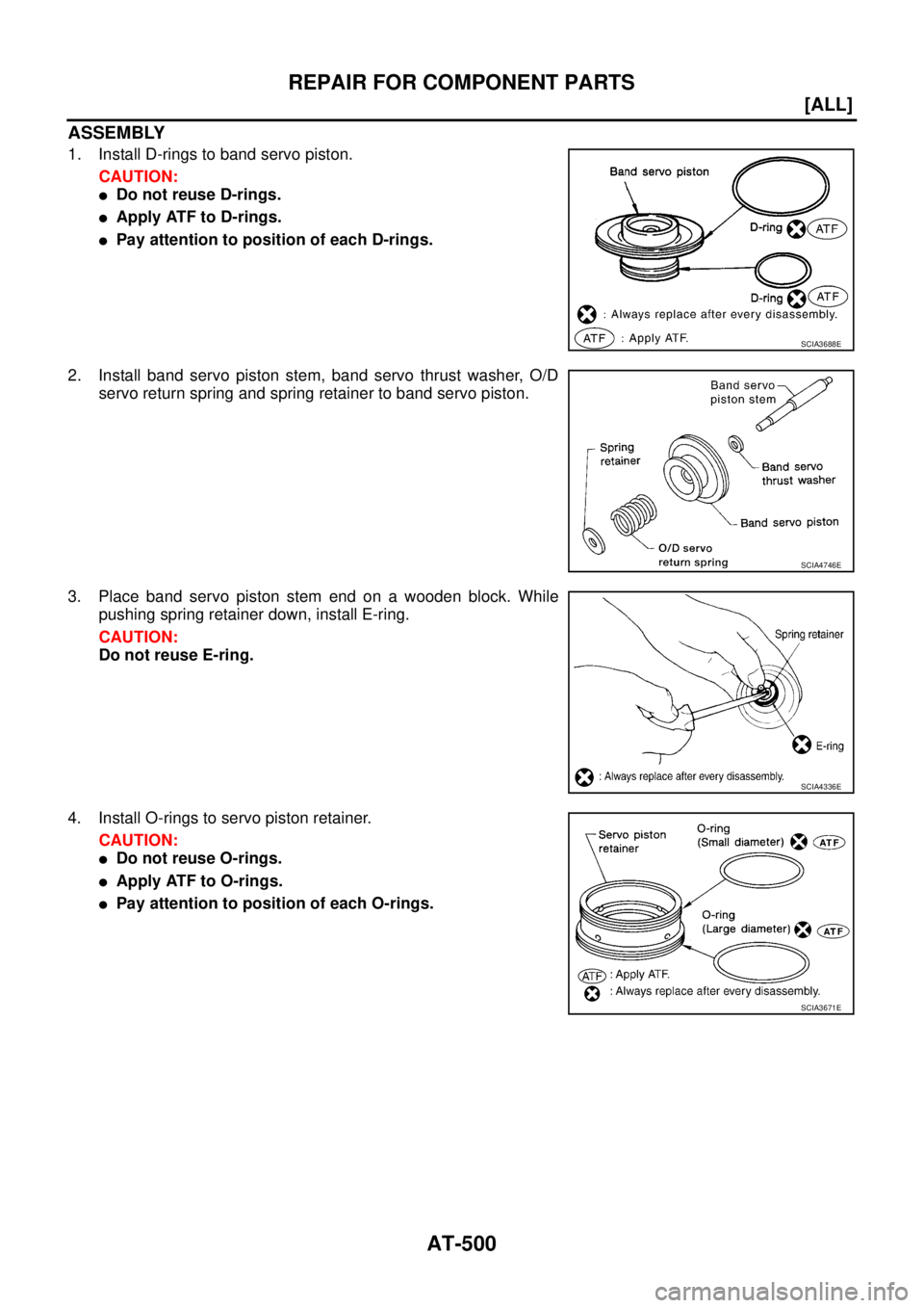 NISSAN X-TRAIL 2005  Service Repair Manual AT-500
[ALL]
REPAIR FOR COMPONENT PARTS
 
ASSEMBLY
1. Install D-rings to band servo piston.
CAUTION:
Do not reuse D-rings.
Apply ATF to D-rings.
Pay attention to position of each D-rings.
2. Instal