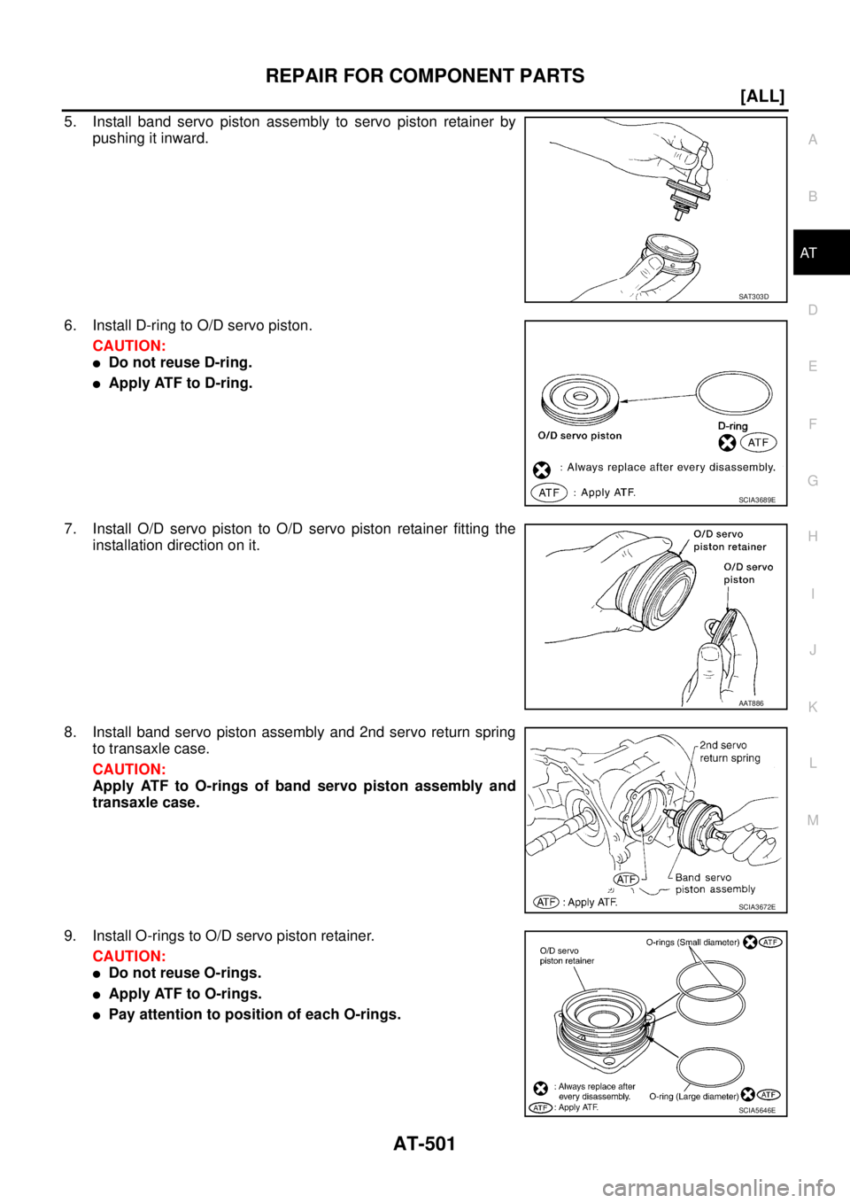 NISSAN X-TRAIL 2005  Service Repair Manual REPAIR FOR COMPONENT PARTS
AT-501
[ALL]
D
E
F
G
H
I
J
K
L
MA
B
AT
 
5. Install band servo piston assembly to servo piston retainer by
pushing it inward.
6. Install D-ring to O/D servo piston.
CAUTION: