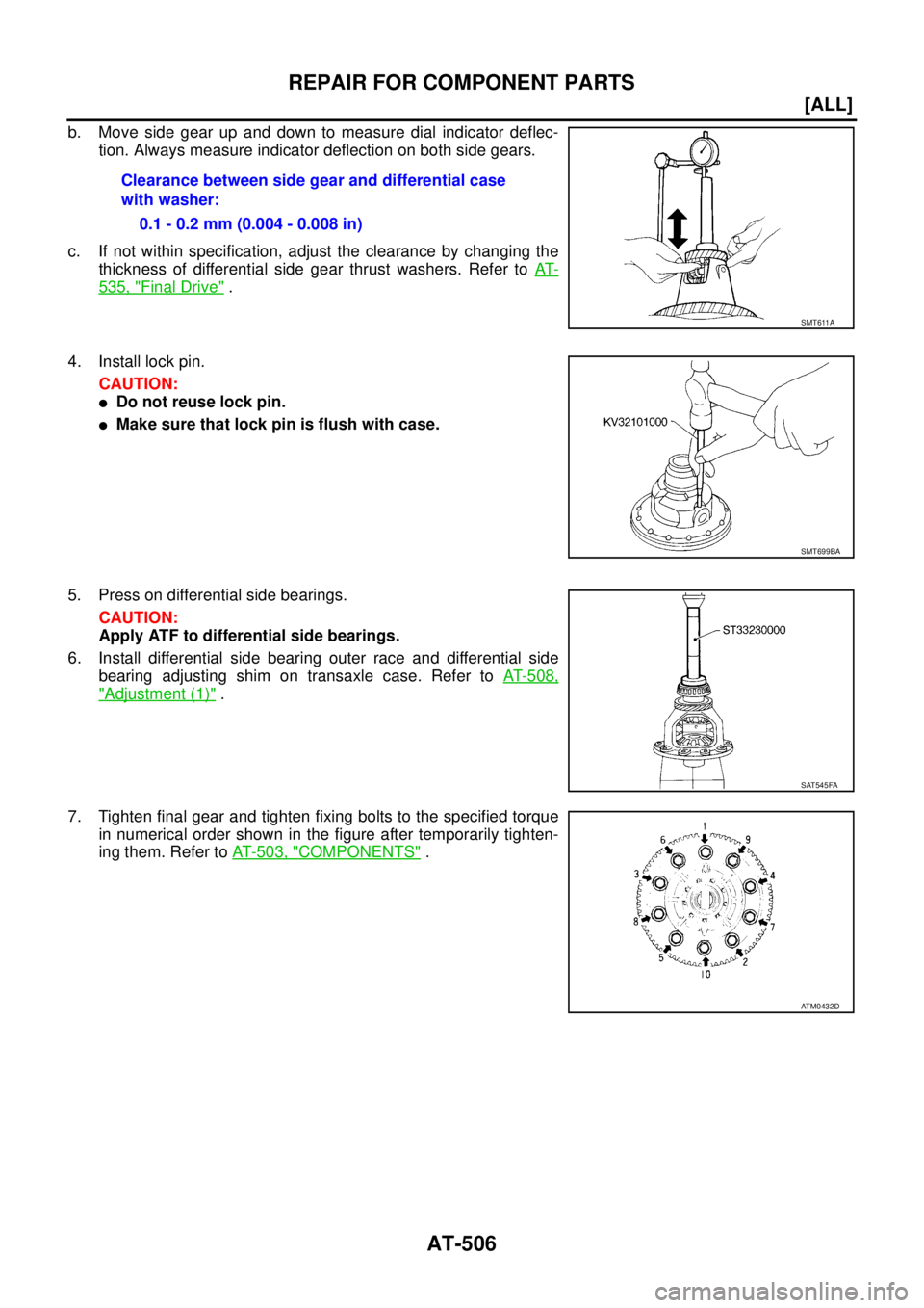 NISSAN X-TRAIL 2005  Service Repair Manual AT-506
[ALL]
REPAIR FOR COMPONENT PARTS
 
b. Move side gear up and down to measure dial indicator deflec-
tion. Always measure indicator deflection on both side gears.
c. If not within specification, 