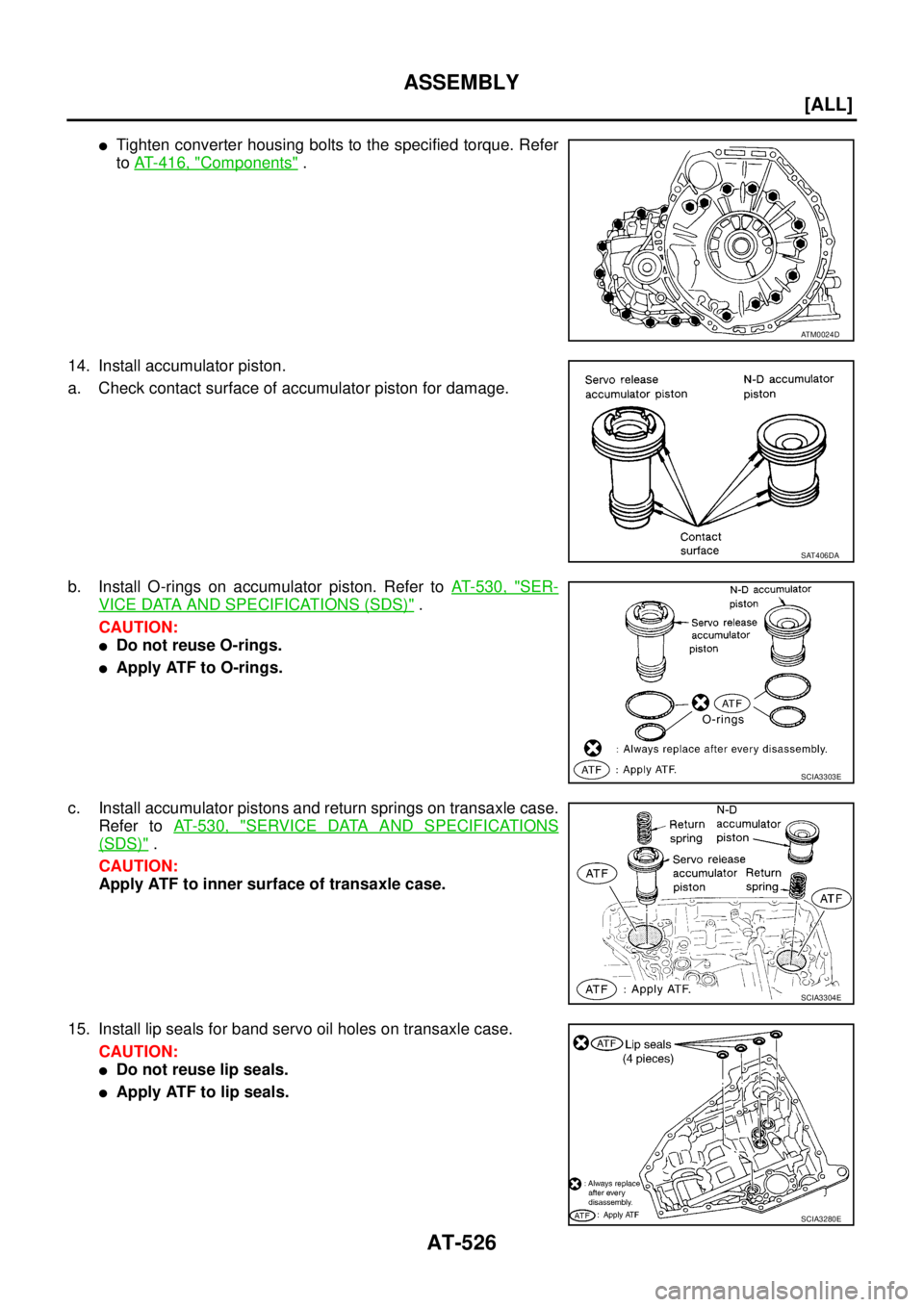NISSAN X-TRAIL 2005  Service Repair Manual AT-526
[ALL]
ASSEMBLY
 
Tighten converter housing bolts to the specified torque. Refer
to AT- 4 1 6 ,  "
Components" .
14. Install accumulator piston.
a. Check contact surface of accumulator piston f