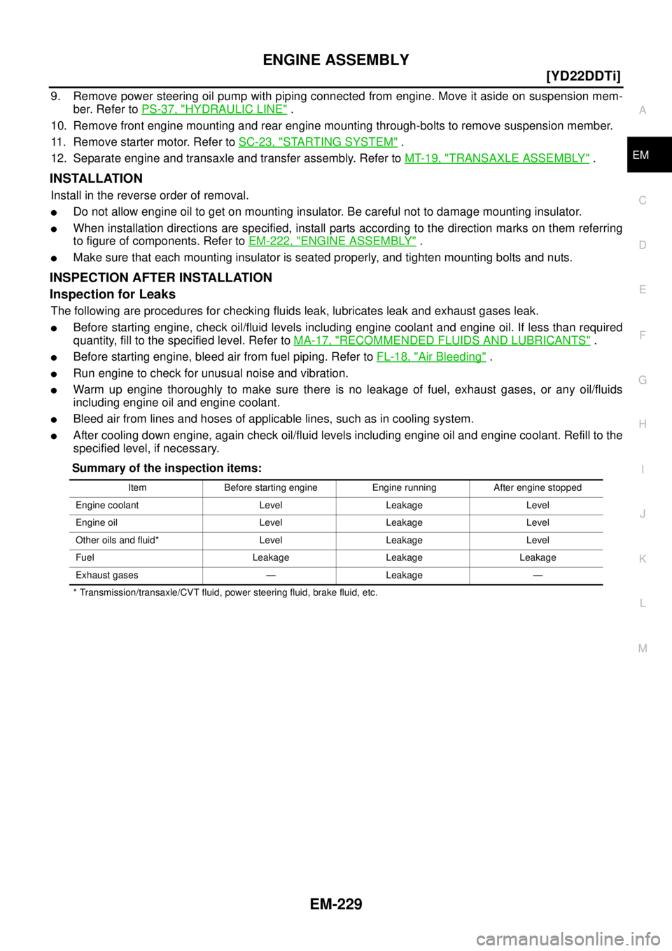 NISSAN X-TRAIL 2005  Service Repair Manual ENGINE ASSEMBLY
EM-229
[YD22DDTi]
C
D
E
F
G
H
I
J
K
L
MA
EM
 
9. Remove power steering oil pump with piping connected from engine. Move it aside on suspension mem-
ber. Refer to PS-37, "
HYDRAULIC LIN