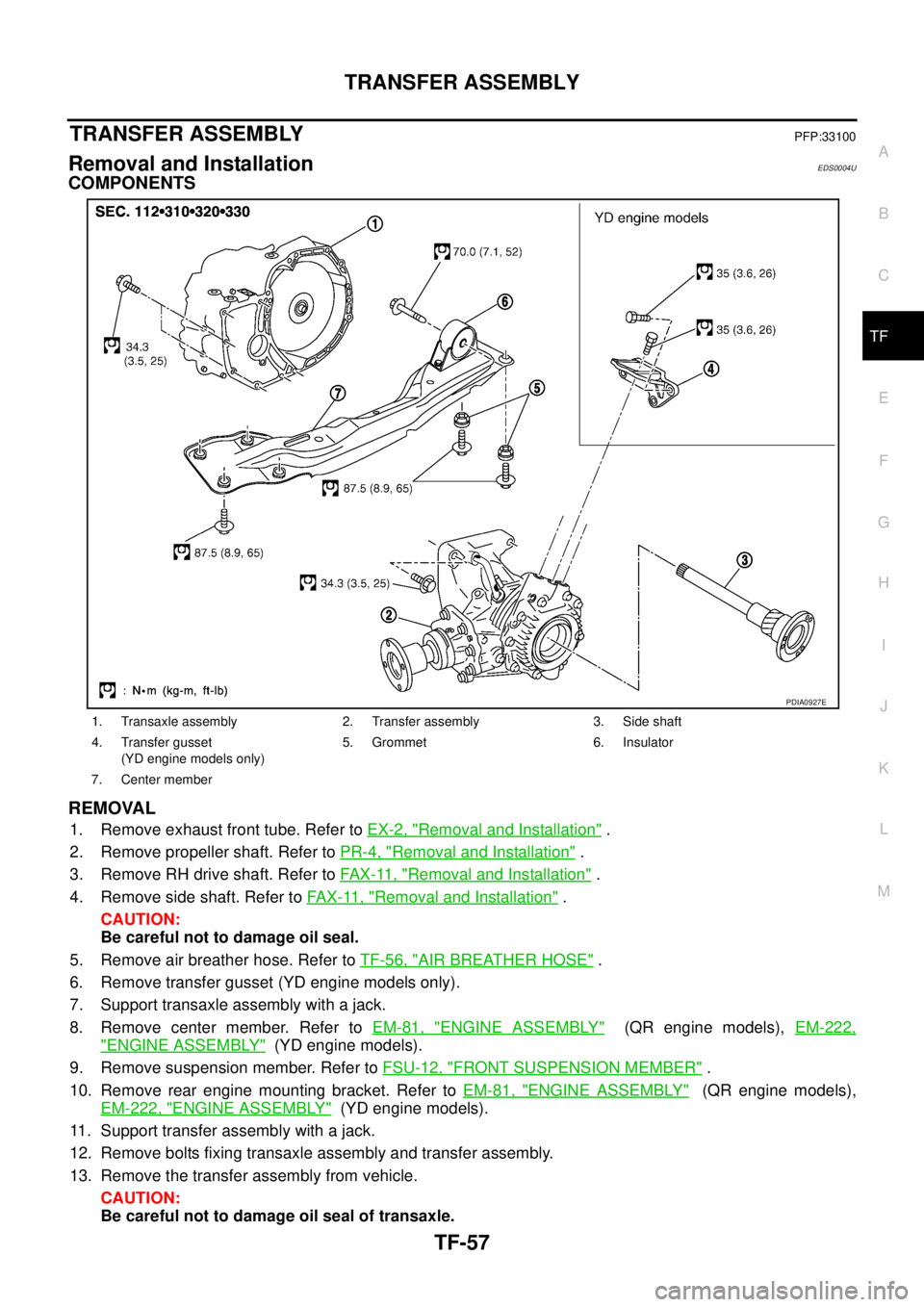 NISSAN X-TRAIL 2005  Service Repair Manual TRANSFER ASSEMBLY
TF-57
C
E
F
G
H
I
J
K
L
MA
B
TF
 
TRANSFER ASSEMBLYPFP:33100
Removal and InstallationEDS0004U
COMPONENTS
REMOVAL
1. Remove exhaust front tube. Refer to EX-2, "Removal and Installatio