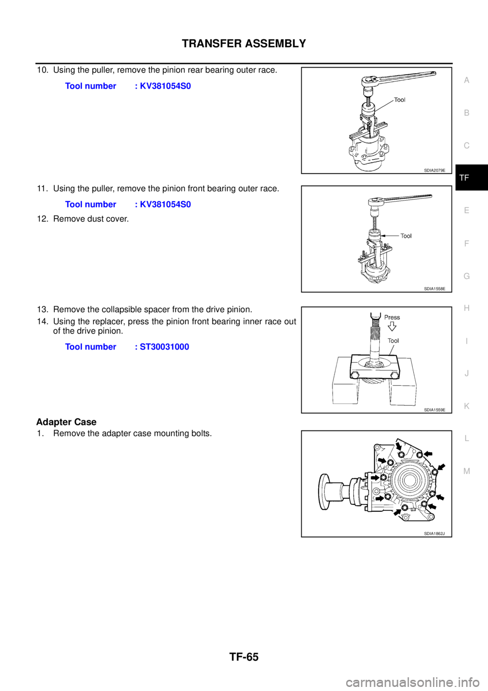 NISSAN X-TRAIL 2005  Service Repair Manual TRANSFER ASSEMBLY
TF-65
C
E
F
G
H
I
J
K
L
MA
B
TF
 
10. Using the puller, remove the pinion rear bearing outer race.
11. Using the puller, remove the pinion front bearing outer race.
12. Remove dust c