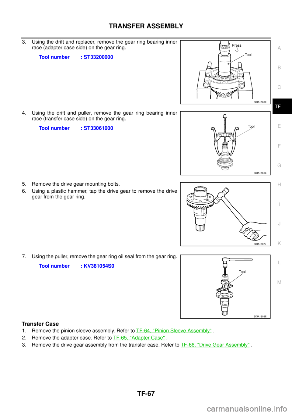 NISSAN X-TRAIL 2005  Service Repair Manual TRANSFER ASSEMBLY
TF-67
C
E
F
G
H
I
J
K
L
MA
B
TF
 
3. Using the drift and replacer, remove the gear ring bearing inner
race (adapter case side) on the gear ring.
4. Using the drift and puller, remove