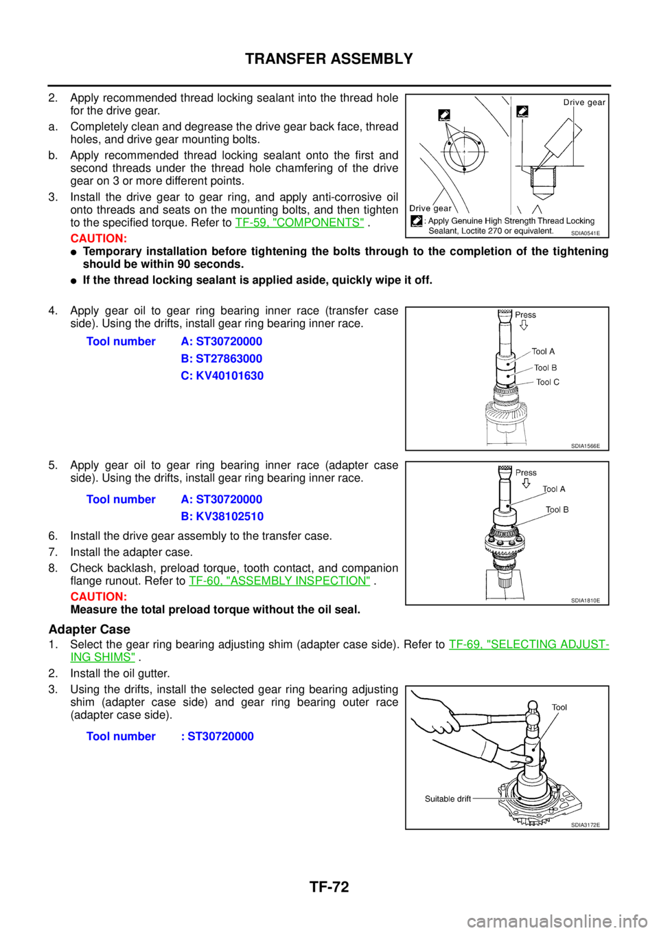 NISSAN X-TRAIL 2005  Service Repair Manual TF-72
TRANSFER ASSEMBLY
 
2. Apply recommended thread locking sealant into the thread hole
for the drive gear.
a. Completely clean and degrease the drive gear back face, thread
holes, and drive gear m