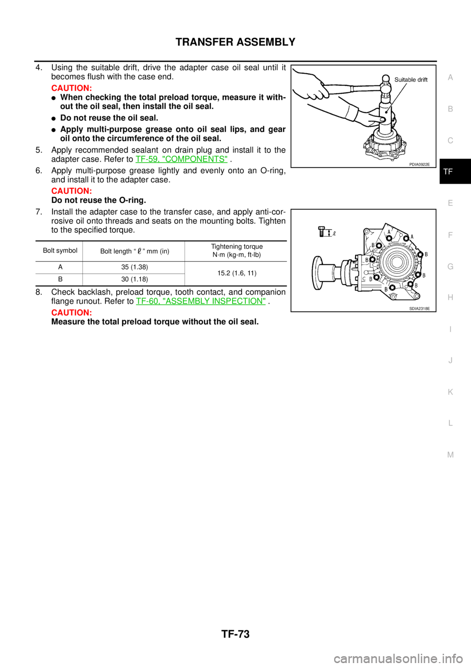 NISSAN X-TRAIL 2005  Service Repair Manual TRANSFER ASSEMBLY
TF-73
C
E
F
G
H
I
J
K
L
MA
B
TF
 
4. Using the suitable drift, drive the adapter case oil seal until it
becomes flush with the case end.
CAUTION:
When checking the total preload tor