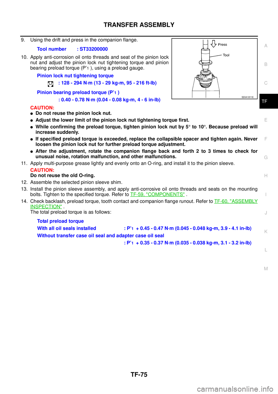 NISSAN X-TRAIL 2005  Service Repair Manual TRANSFER ASSEMBLY
TF-75
C
E
F
G
H
I
J
K
L
MA
B
TF
 
9. Using the drift and press in the companion flange.
10. Apply anti-corrosion oil onto threads and seat of the pinion lock
nut and adjust the pinio